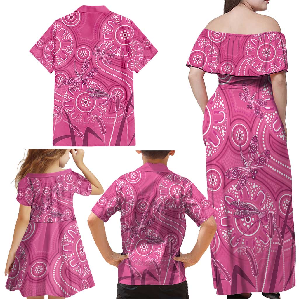 Australia Indigenous Pink Month Family Matching Off Shoulder Maxi Dress and Hawaiian Shirt Breast Cancer Aboriginal Dragonflies Ribbon - Vibe Hoodie