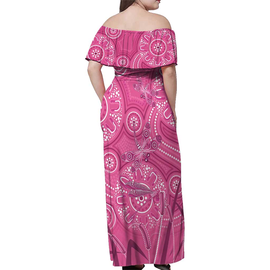 Australia Indigenous Pink Month Family Matching Off Shoulder Maxi Dress and Hawaiian Shirt Breast Cancer Aboriginal Dragonflies Ribbon - Vibe Hoodie