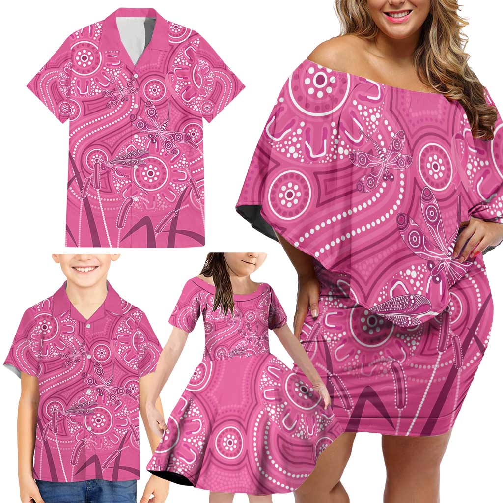 Australia Indigenous Pink Month Family Matching Off Shoulder Short Dress and Hawaiian Shirt Breast Cancer Aboriginal Dragonflies Ribbon - Vibe Hoodie