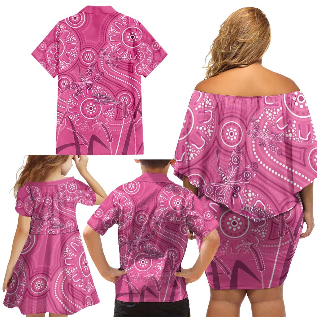 Australia Indigenous Pink Month Family Matching Off Shoulder Short Dress and Hawaiian Shirt Breast Cancer Aboriginal Dragonflies Ribbon - Vibe Hoodie