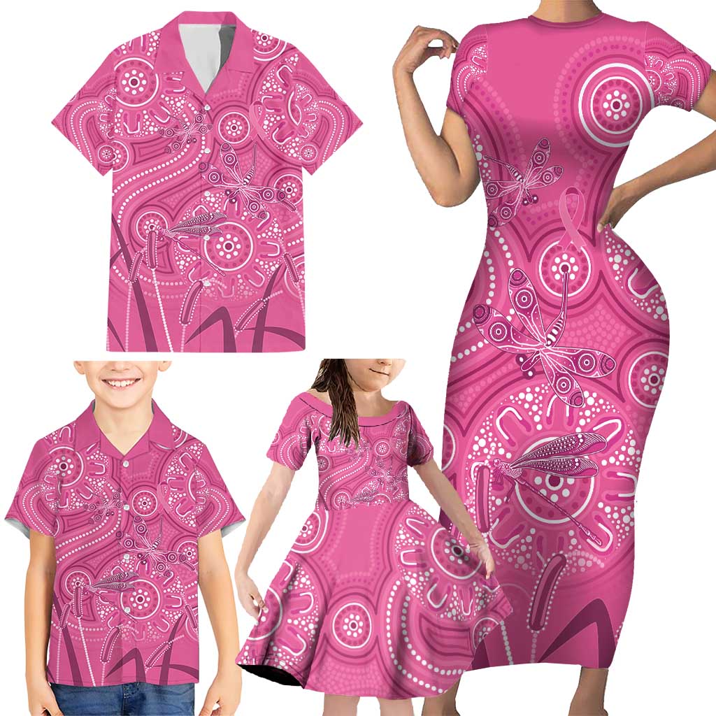Australia Indigenous Pink Month Family Matching Short Sleeve Bodycon Dress and Hawaiian Shirt Breast Cancer Aboriginal Dragonflies Ribbon - Vibe Hoodie