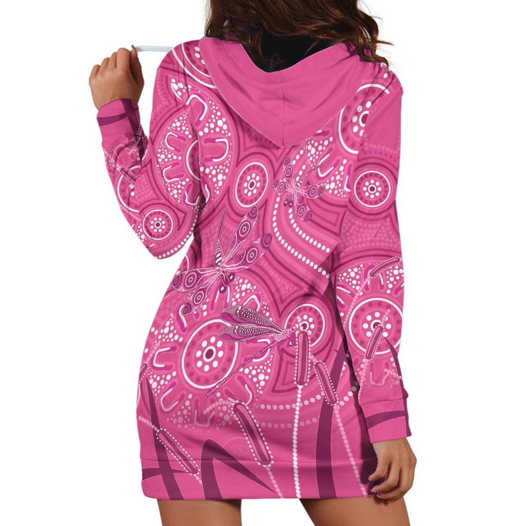 Australia Indigenous Pink Month Hoodie Dress Breast Cancer Aboriginal Dragonflies Ribbon - Vibe Hoodie