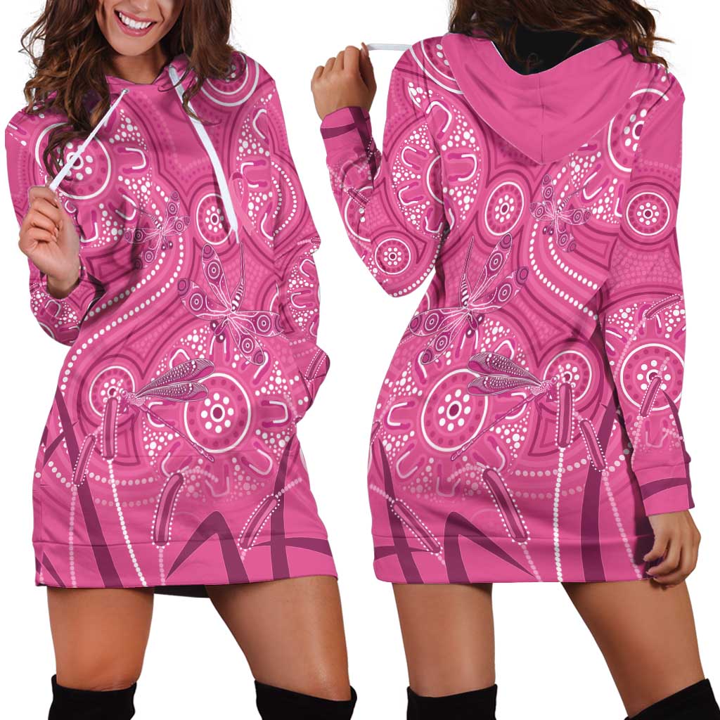 Australia Indigenous Pink Month Hoodie Dress Breast Cancer Aboriginal Dragonflies Ribbon - Vibe Hoodie