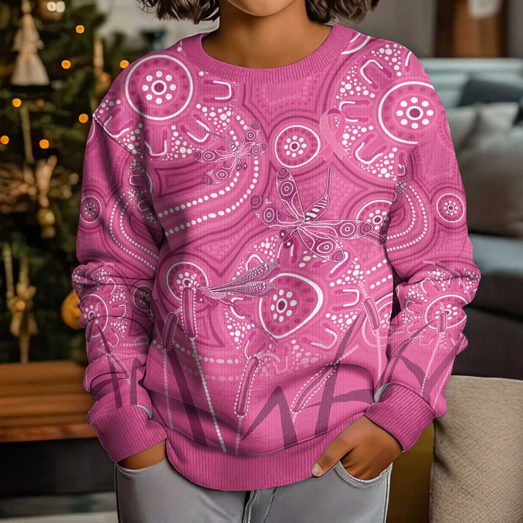 Australia Indigenous Pink Month Kid Ugly Christmas Sweater Breast Cancer Aboriginal Dragonflies Ribbon - Vibe Hoodie
