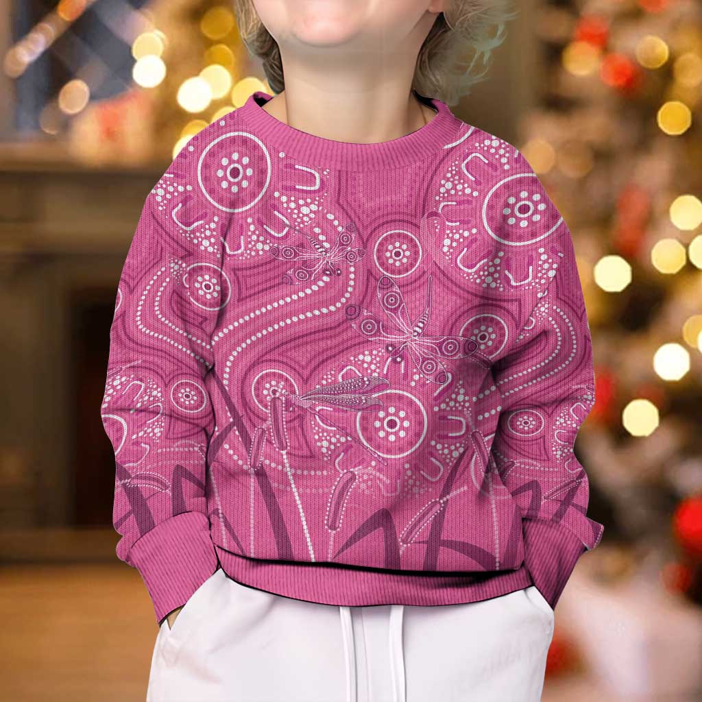 Australia Indigenous Pink Month Kid Ugly Christmas Sweater Breast Cancer Aboriginal Dragonflies Ribbon - Vibe Hoodie