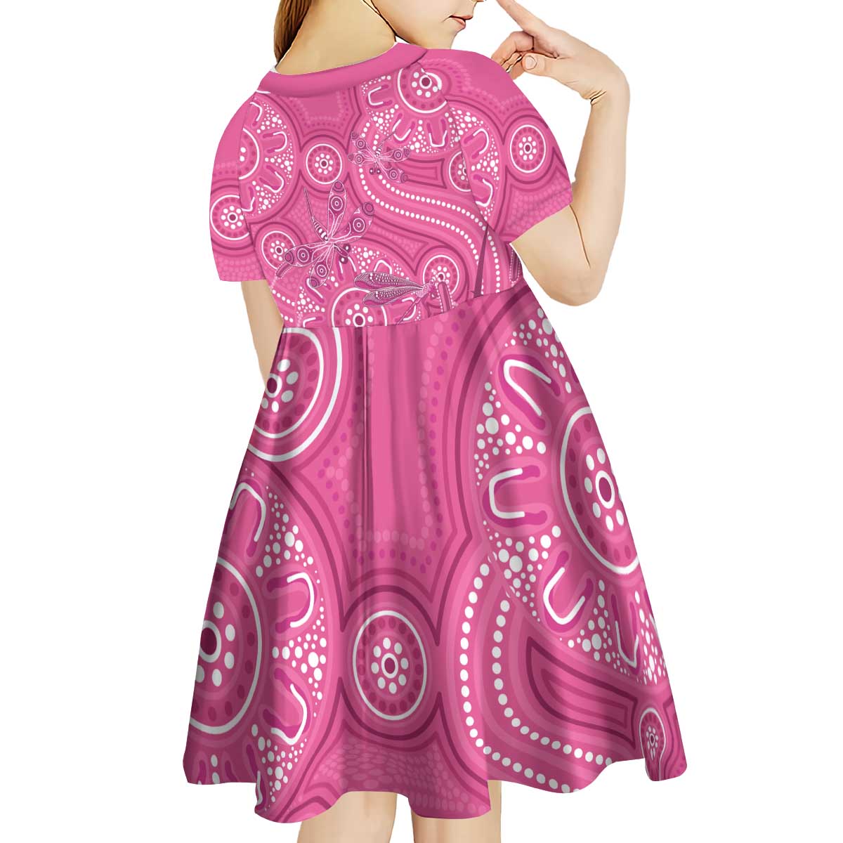 Australia Indigenous Pink Month Kid Short Sleeve Dress Breast Cancer Aboriginal Dragonflies Ribbon - Vibe Hoodie