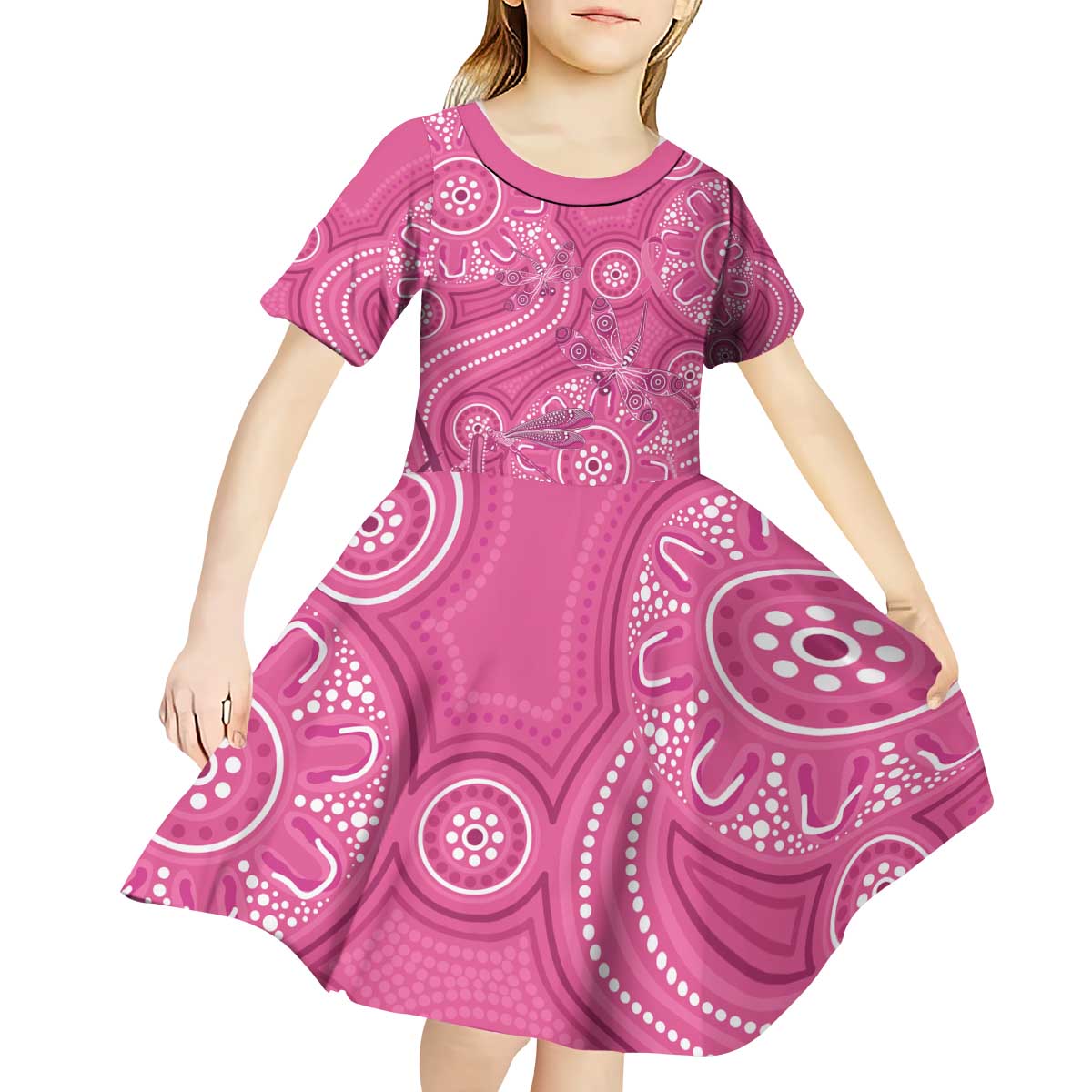 Australia Indigenous Pink Month Kid Short Sleeve Dress Breast Cancer Aboriginal Dragonflies Ribbon - Vibe Hoodie