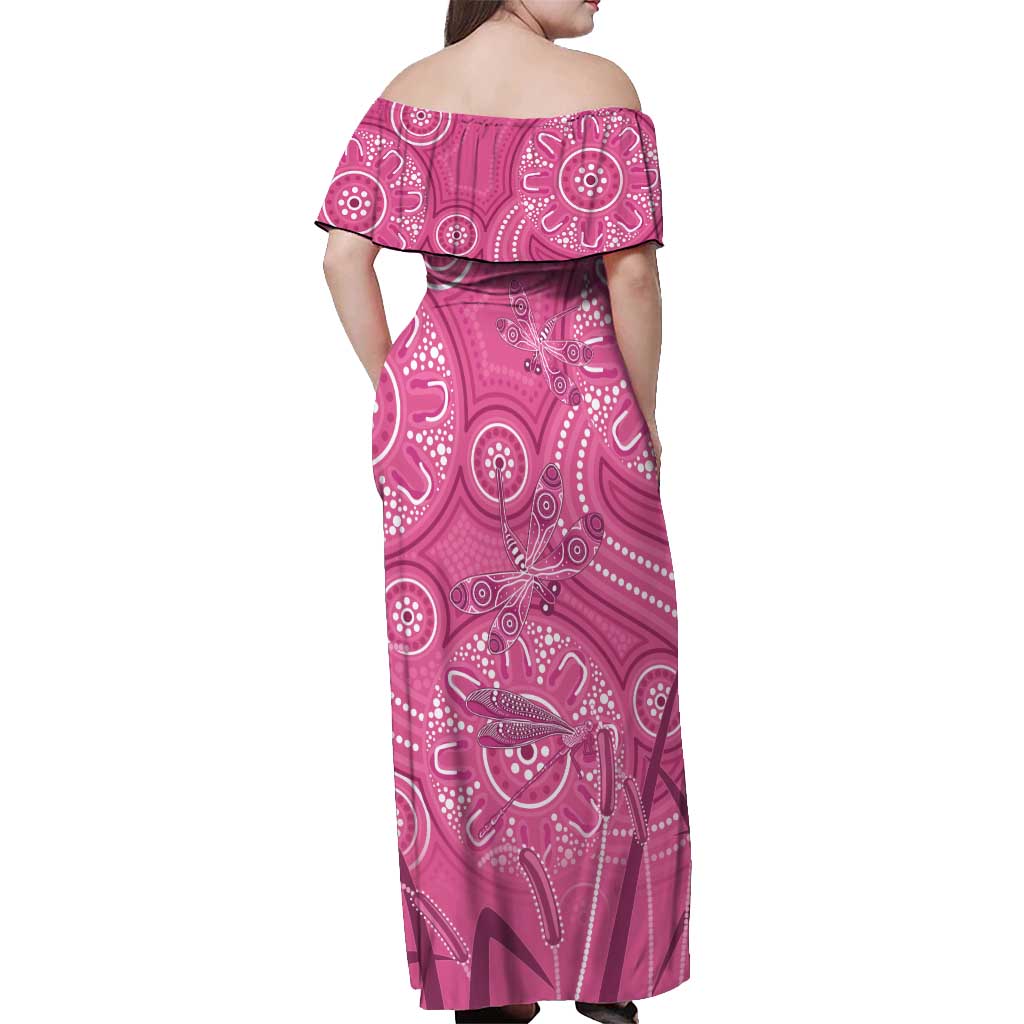 Australia Indigenous Pink Month Off Shoulder Maxi Dress Breast Cancer Aboriginal Dragonflies Ribbon - Vibe Hoodie