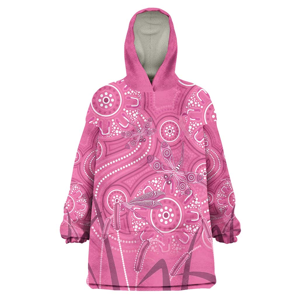 Australia Indigenous Pink Month Wearable Blanket Hoodie Breast Cancer Aboriginal Dragonflies Ribbon - Vibe Hoodie