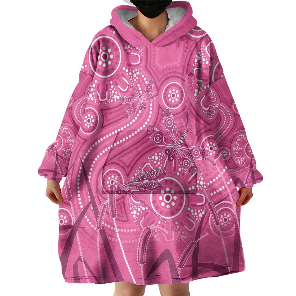 Australia Indigenous Pink Month Wearable Blanket Hoodie Breast Cancer Aboriginal Dragonflies Ribbon - Vibe Hoodie