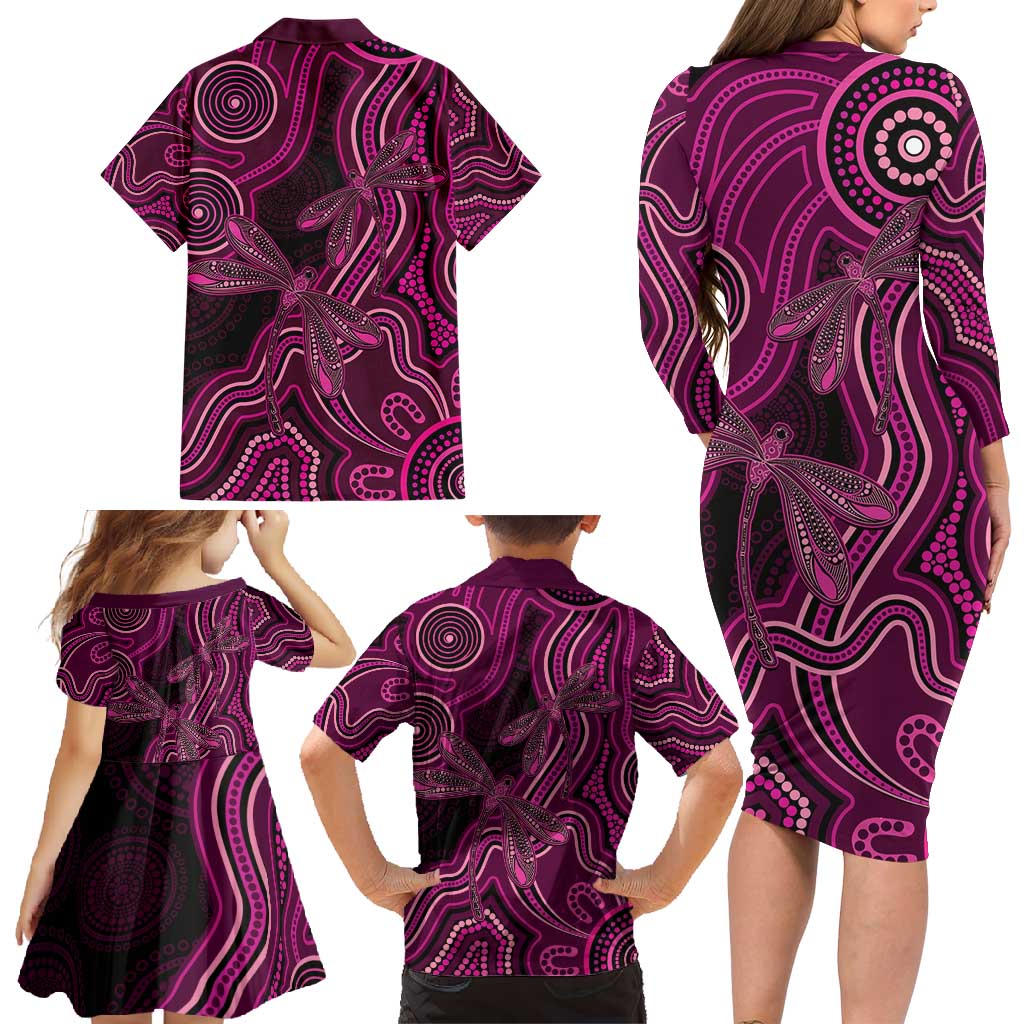 Australia Breast Cancer Awareness Family Matching Long Sleeve Bodycon Dress and Hawaiian Shirt Pink Dragonflies Aboriginal Art - Vibe Hoodie