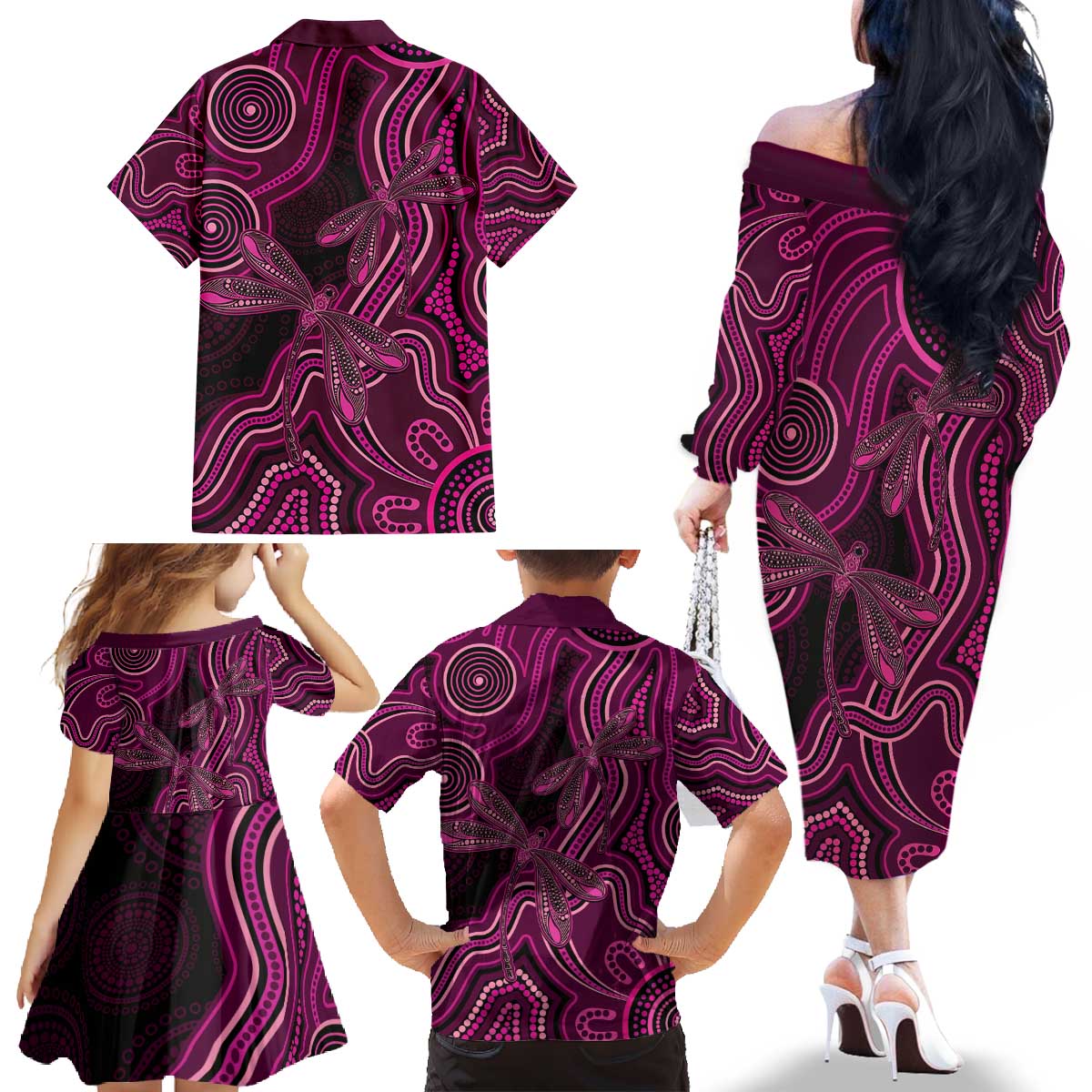 Australia Breast Cancer Awareness Family Matching Off The Shoulder Long Sleeve Dress and Hawaiian Shirt Pink Dragonflies Aboriginal Art - Vibe Hoodie
