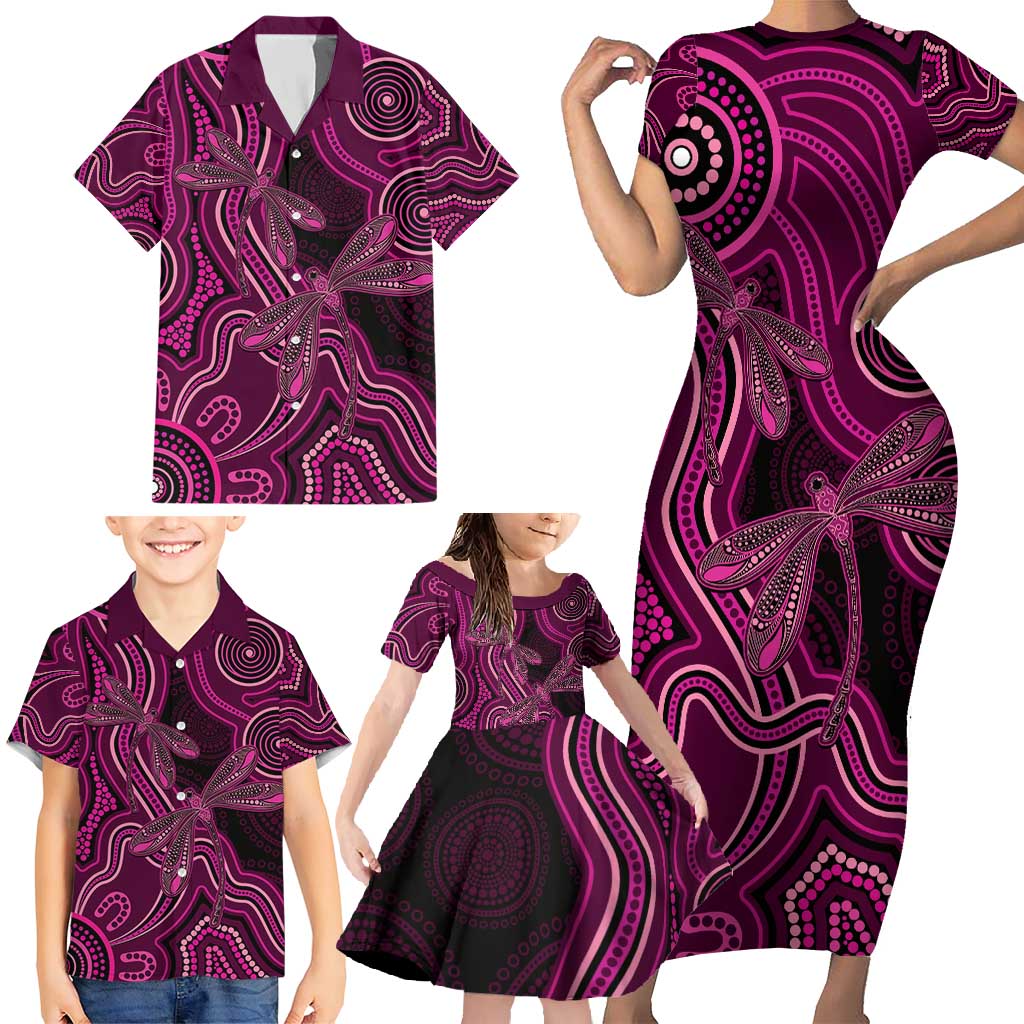 Australia Breast Cancer Awareness Family Matching Short Sleeve Bodycon Dress and Hawaiian Shirt Pink Dragonflies Aboriginal Art - Vibe Hoodie