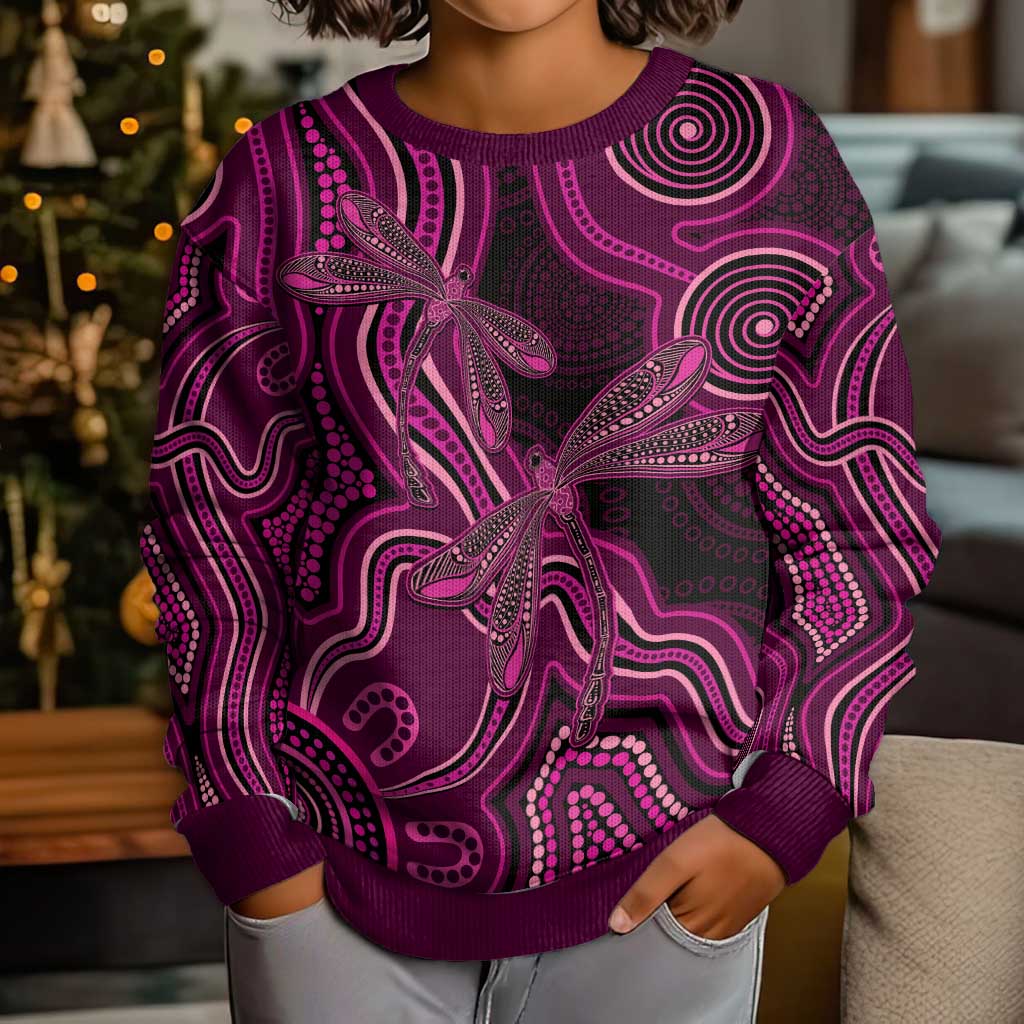 Australia Breast Cancer Awareness Kid Ugly Christmas Sweater Pink Dragonflies Aboriginal Art - Vibe Hoodie