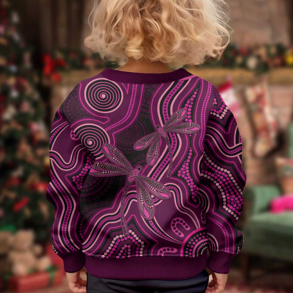 Australia Breast Cancer Awareness Kid Ugly Christmas Sweater Pink Dragonflies Aboriginal Art - Vibe Hoodie