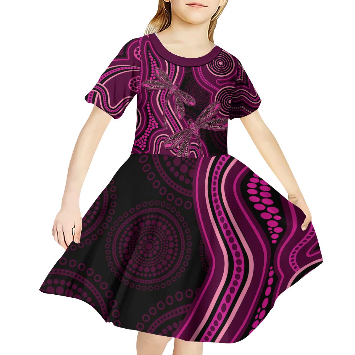 Australia Breast Cancer Awareness Kid Short Sleeve Dress Pink Dragonflies Aboriginal Art - Vibe Hoodie