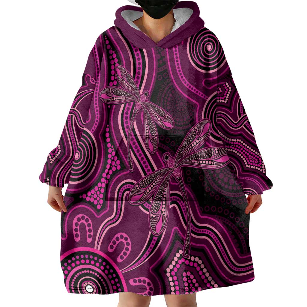 Australia Breast Cancer Awareness Wearable Blanket Hoodie Pink Dragonflies Aboriginal Art - Vibe Hoodie