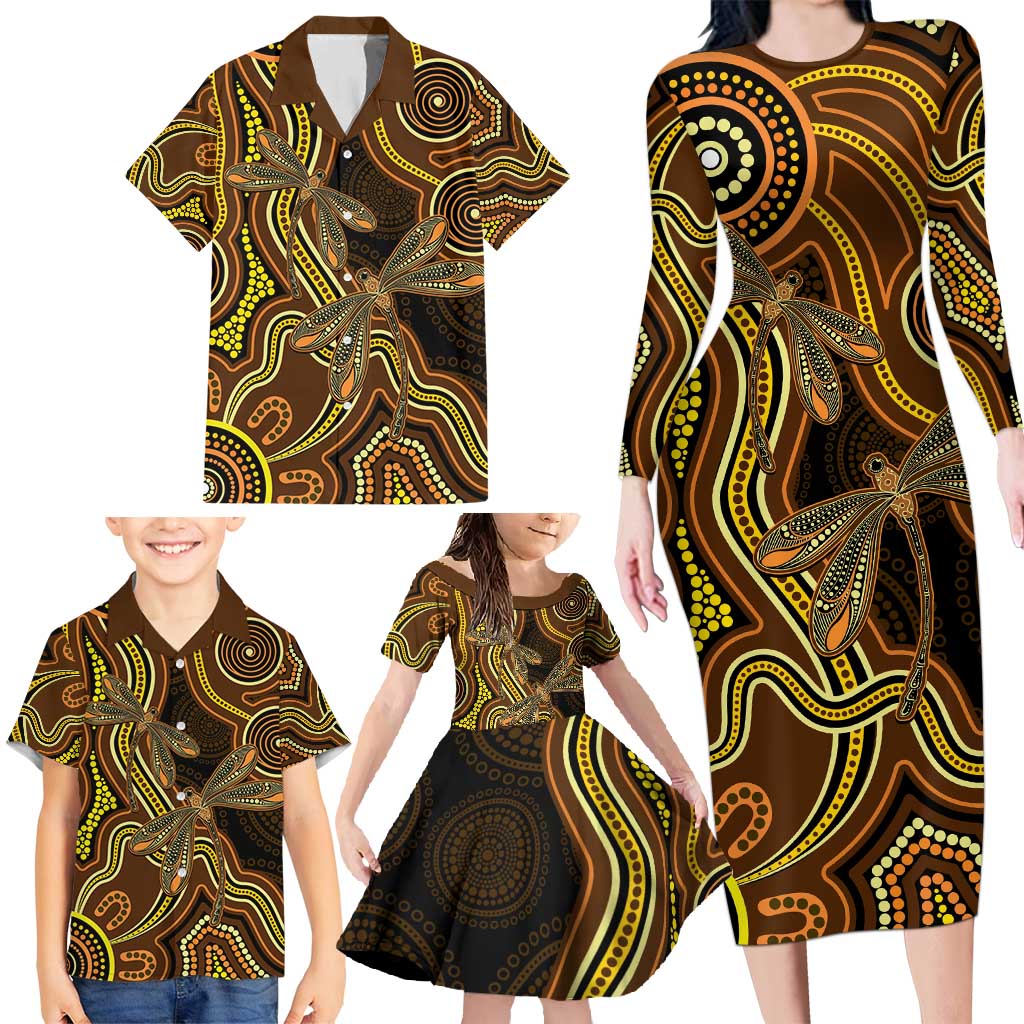 Orange Indigenous Dragonfly Australia Family Matching Long Sleeve Bodycon Dress and Hawaiian Shirt Aboriginal Art - Vibe Hoodie