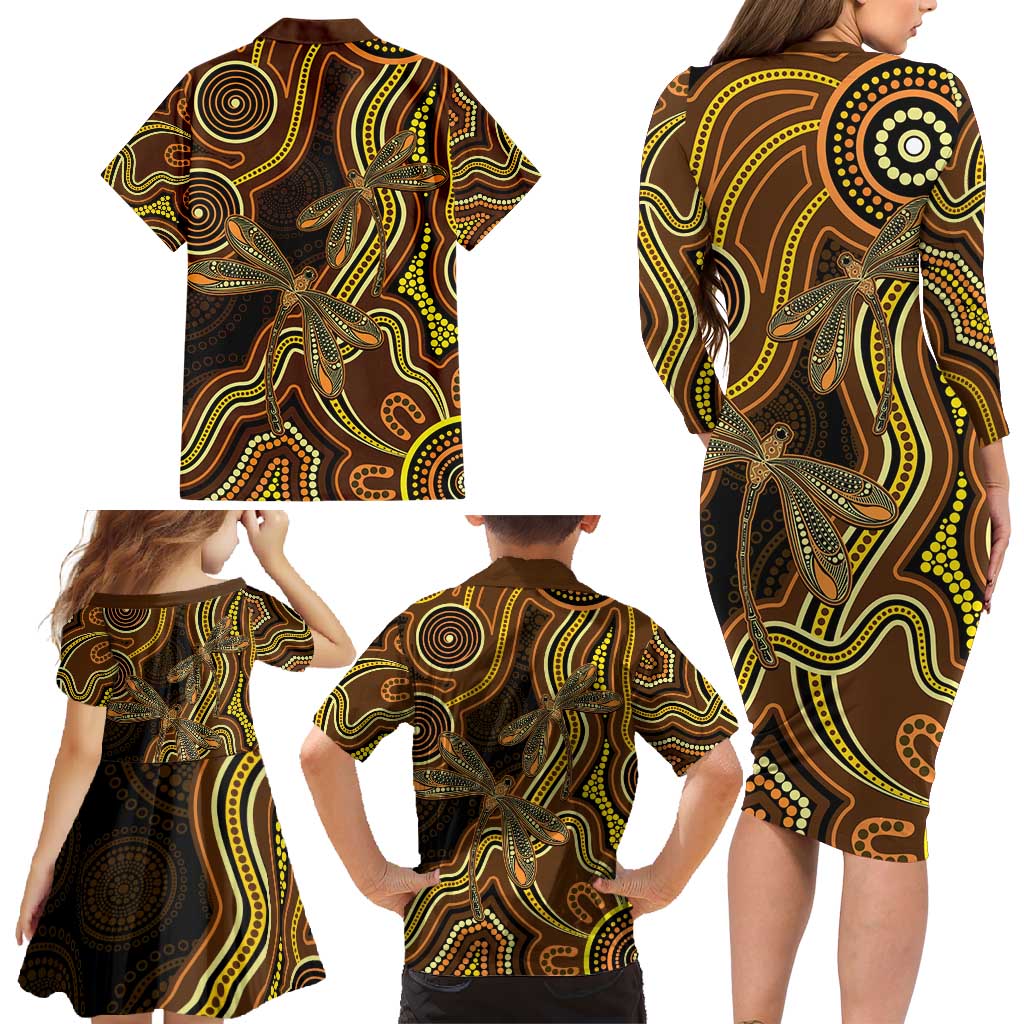 Orange Indigenous Dragonfly Australia Family Matching Long Sleeve Bodycon Dress and Hawaiian Shirt Aboriginal Art - Vibe Hoodie