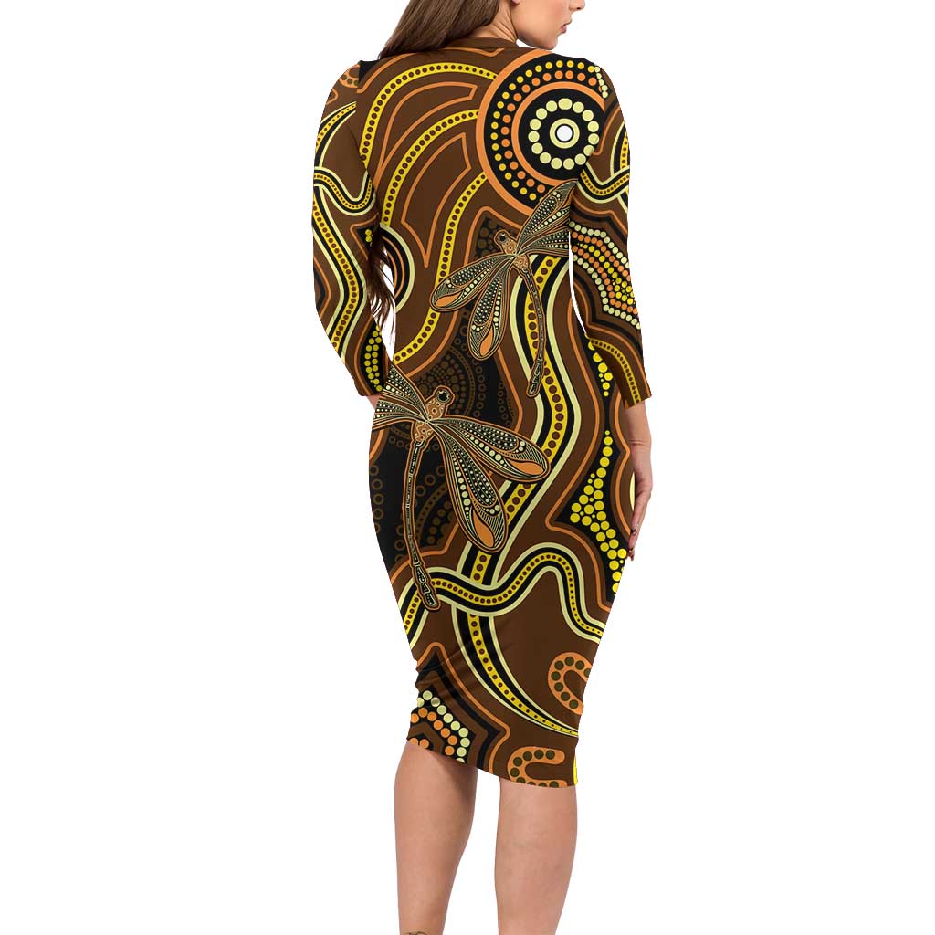 Orange Indigenous Dragonfly Australia Family Matching Long Sleeve Bodycon Dress and Hawaiian Shirt Aboriginal Art - Vibe Hoodie