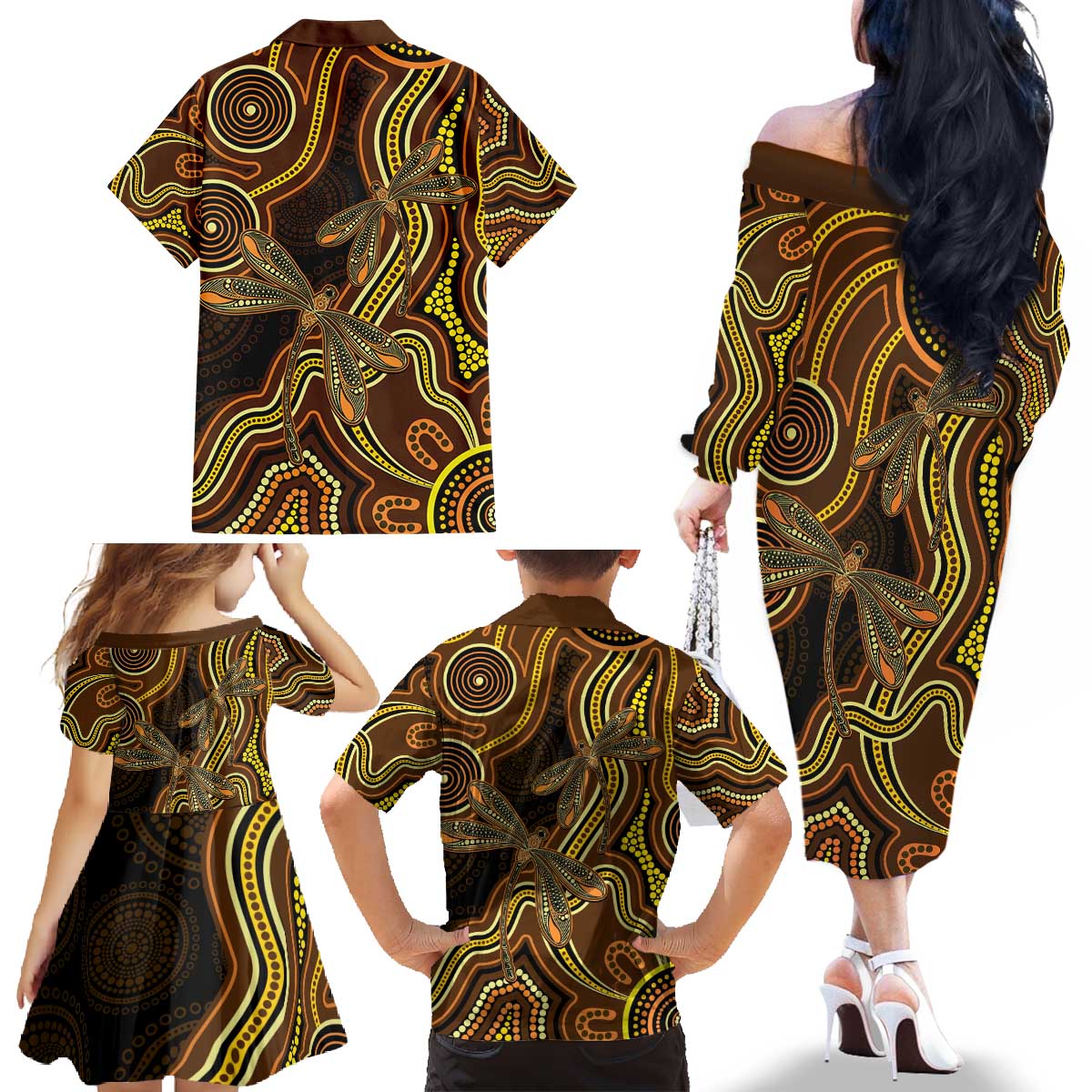 Orange Indigenous Dragonfly Australia Family Matching Off The Shoulder Long Sleeve Dress and Hawaiian Shirt Aboriginal Art - Vibe Hoodie