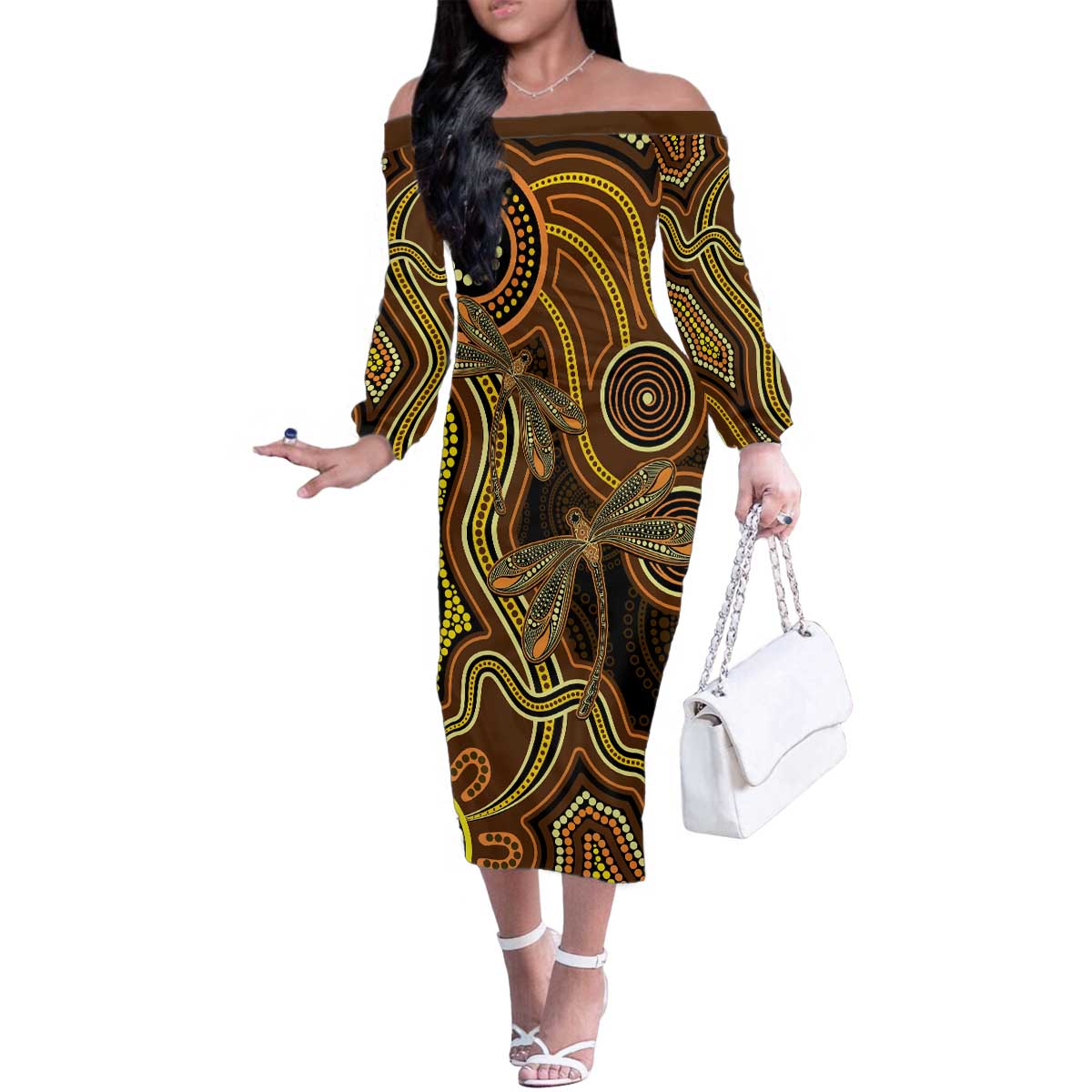 Orange Indigenous Dragonfly Australia Family Matching Off The Shoulder Long Sleeve Dress and Hawaiian Shirt Aboriginal Art - Vibe Hoodie