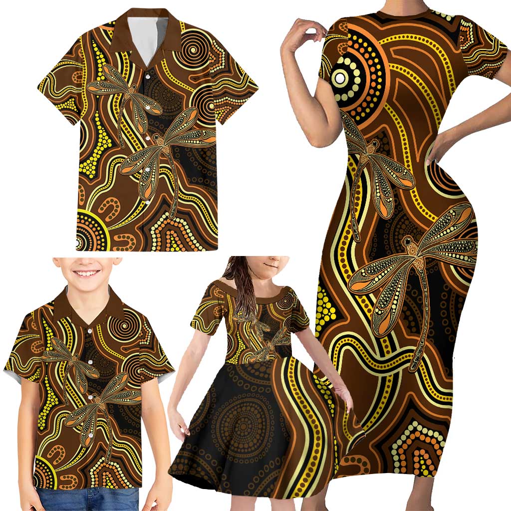 Orange Indigenous Dragonfly Australia Family Matching Short Sleeve Bodycon Dress and Hawaiian Shirt Aboriginal Art - Vibe Hoodie