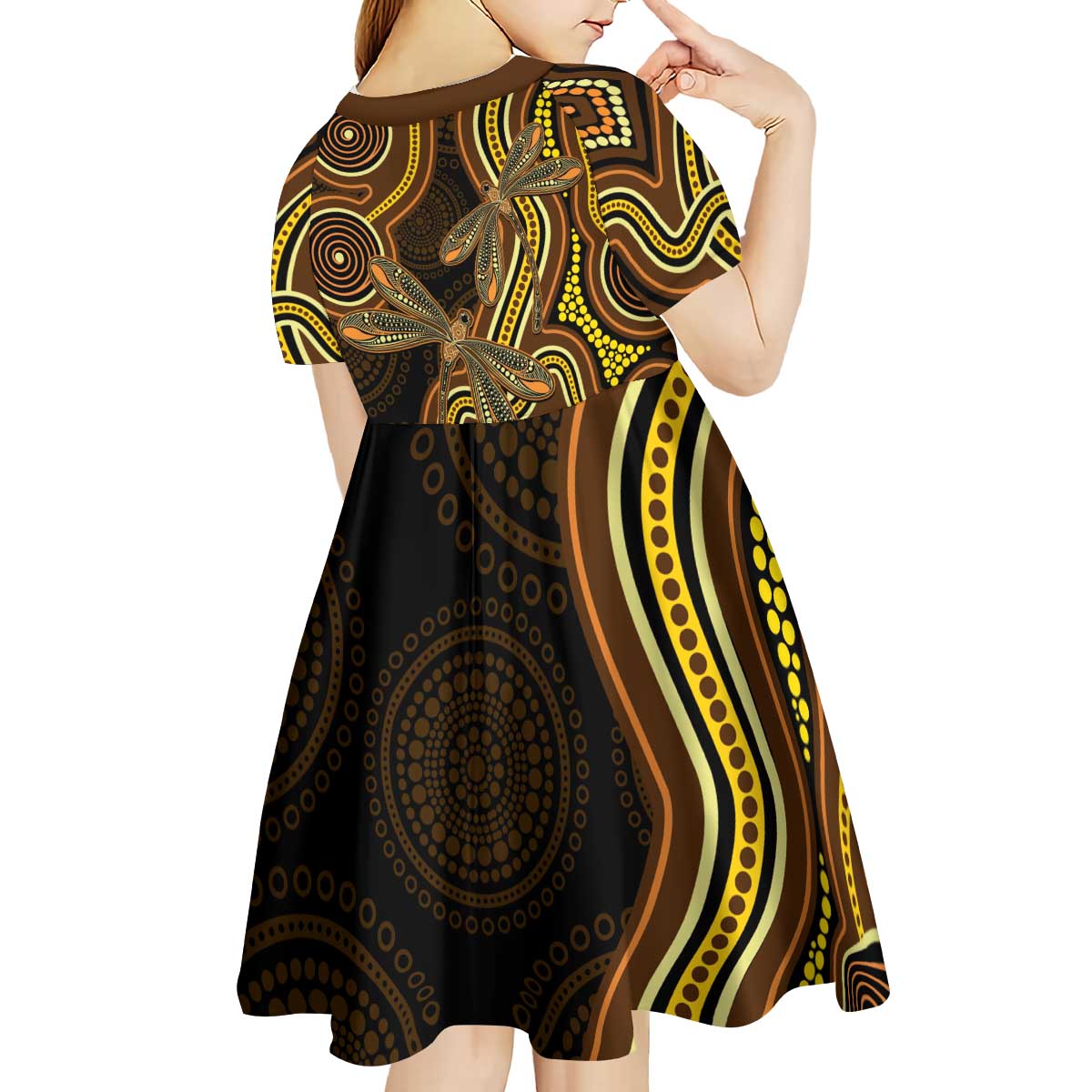 Orange Indigenous Dragonfly Australia Kid Short Sleeve Dress Aboriginal Art - Vibe Hoodie