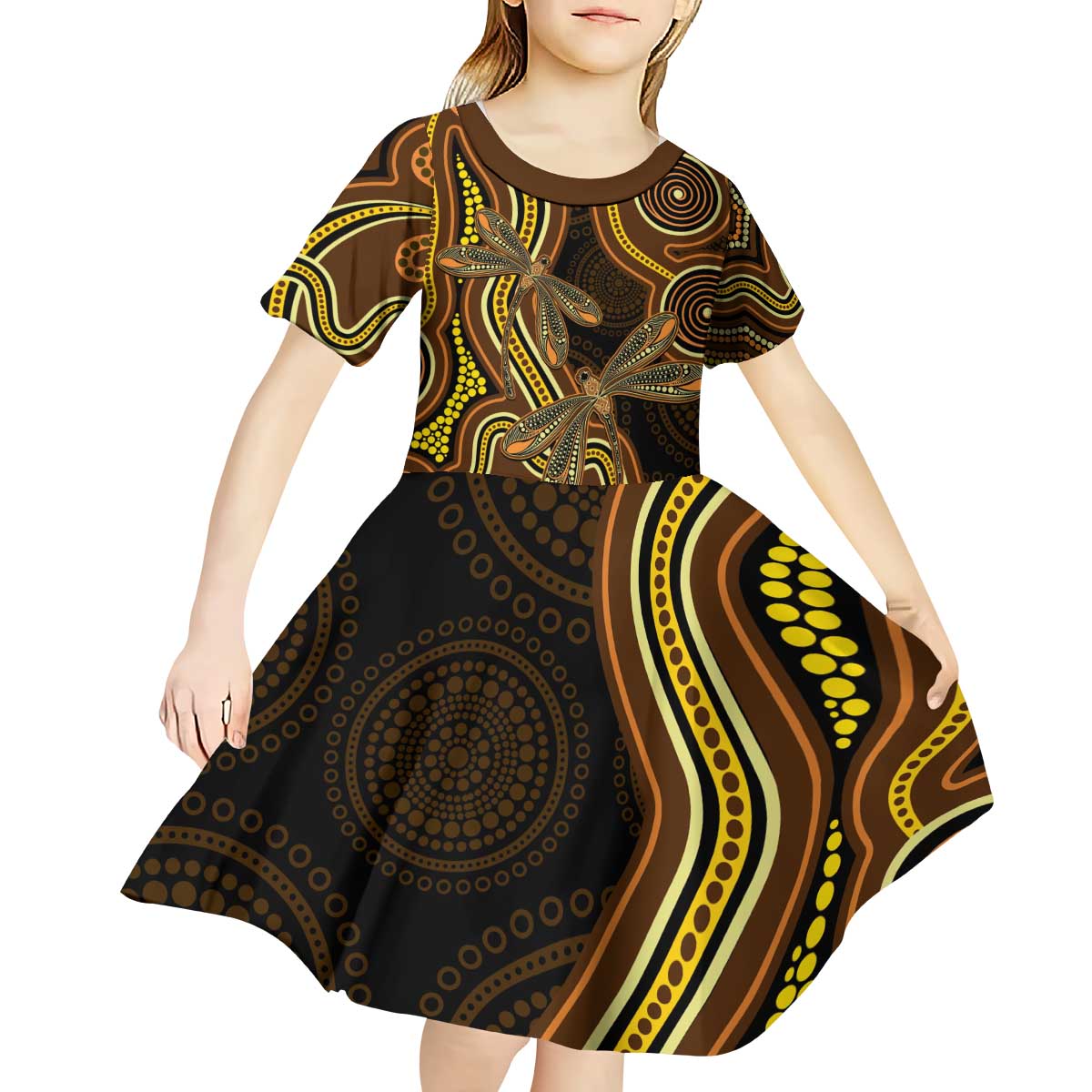 Orange Indigenous Dragonfly Australia Kid Short Sleeve Dress Aboriginal Art - Vibe Hoodie