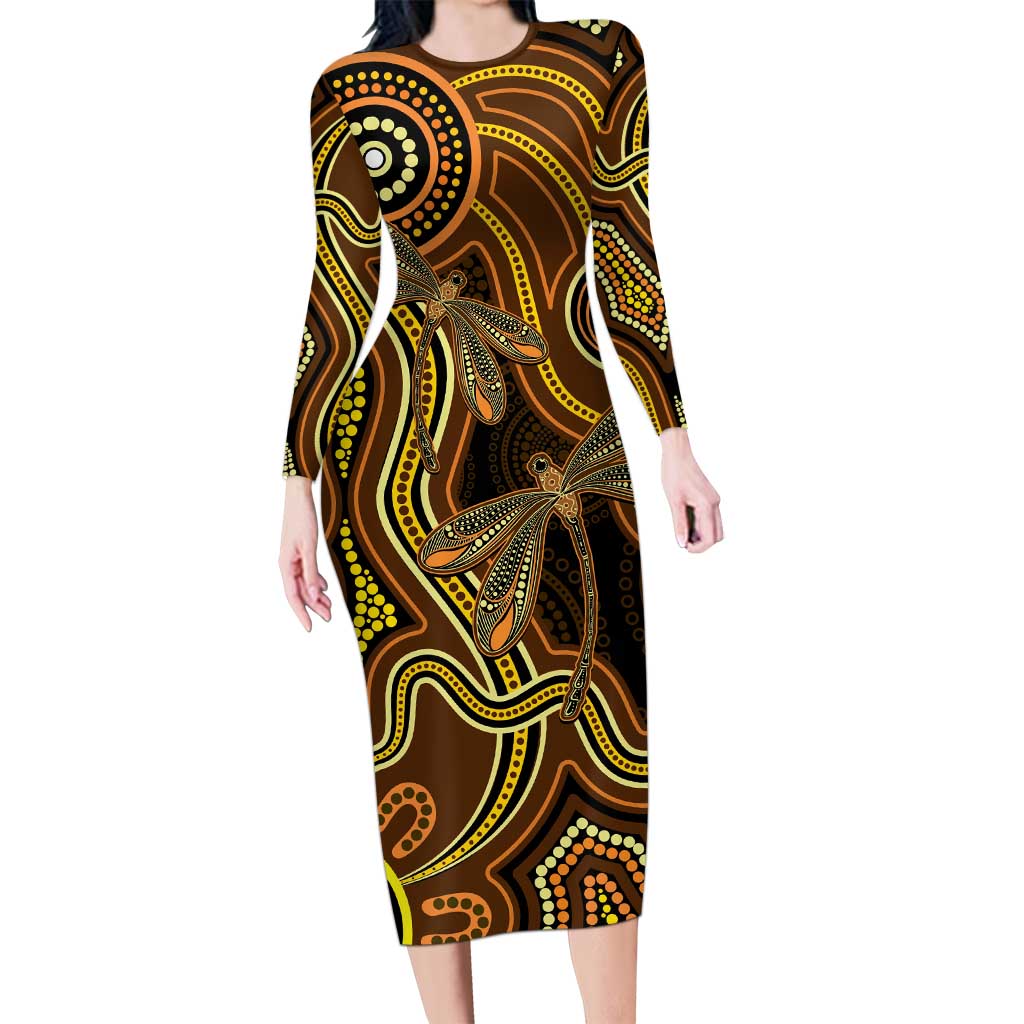 Orange Indigenous Dragonfly Australia Long Sleeve Bodycon Dress Aboriginal Art - Vibe Hoodie