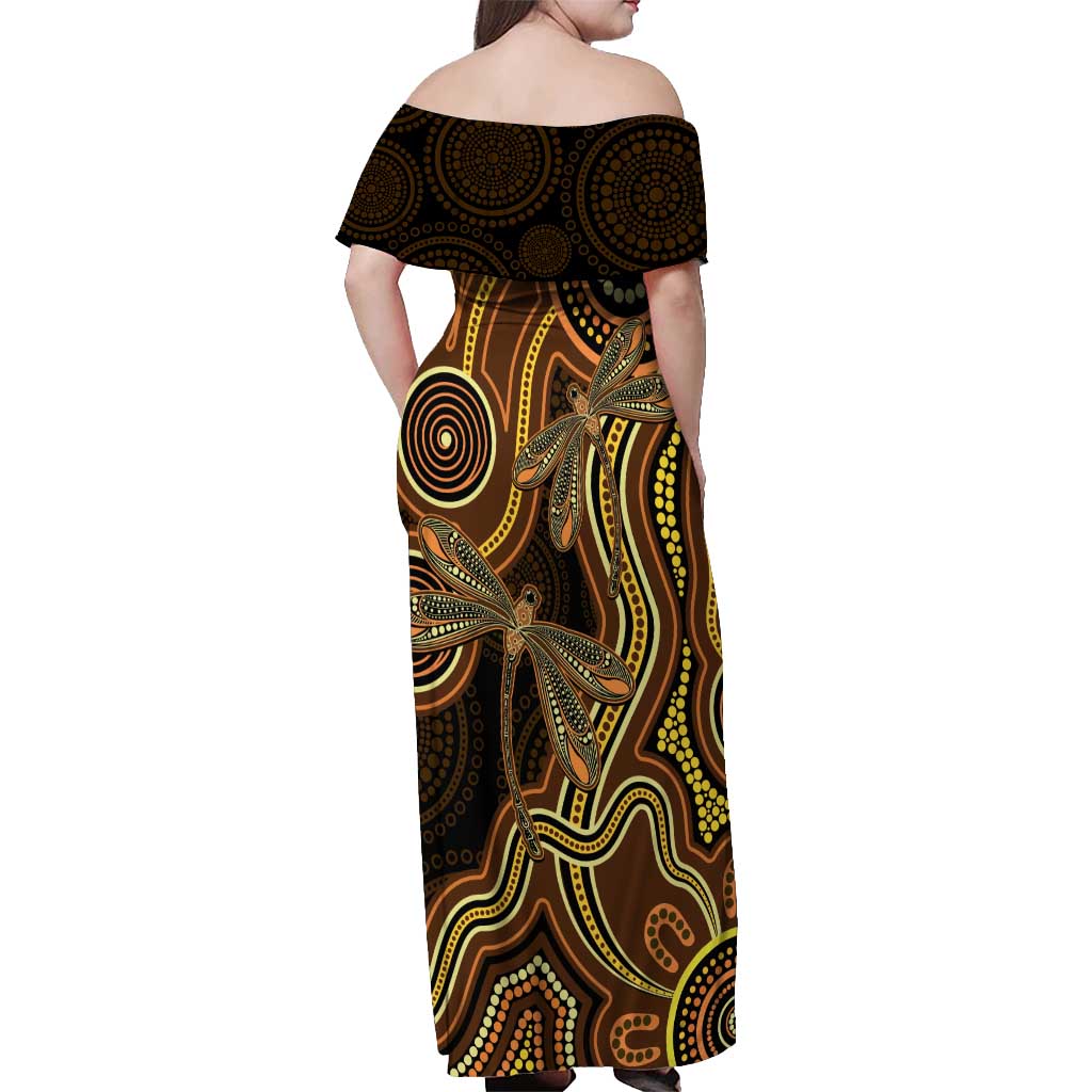 Orange Indigenous Dragonfly Australia Off Shoulder Maxi Dress Aboriginal Art - Vibe Hoodie