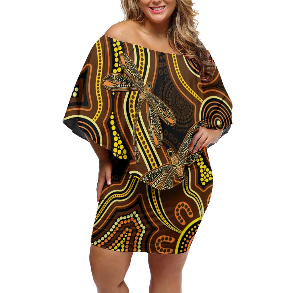 Orange Indigenous Dragonfly Australia Off Shoulder Short Dress Aboriginal Art - Vibe Hoodie