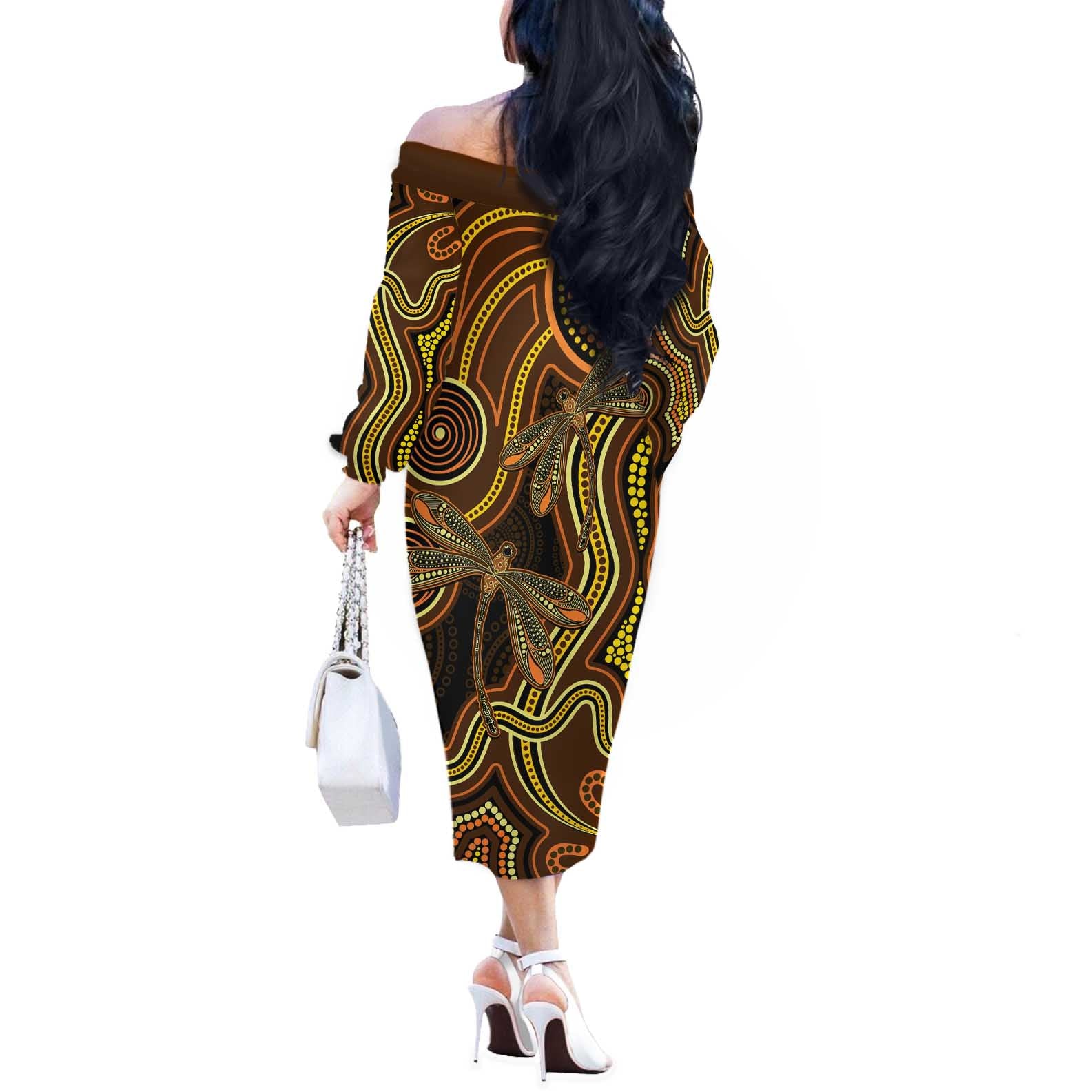 Orange Indigenous Dragonfly Australia Off The Shoulder Long Sleeve Dress Aboriginal Art - Vibe Hoodie