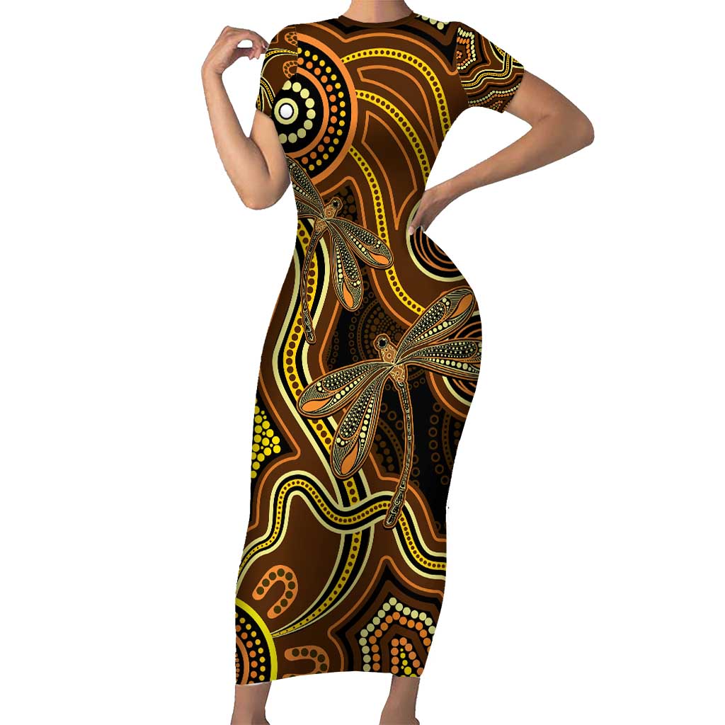 Orange Indigenous Dragonfly Australia Short Sleeve Bodycon Dress Aboriginal Art - Vibe Hoodie