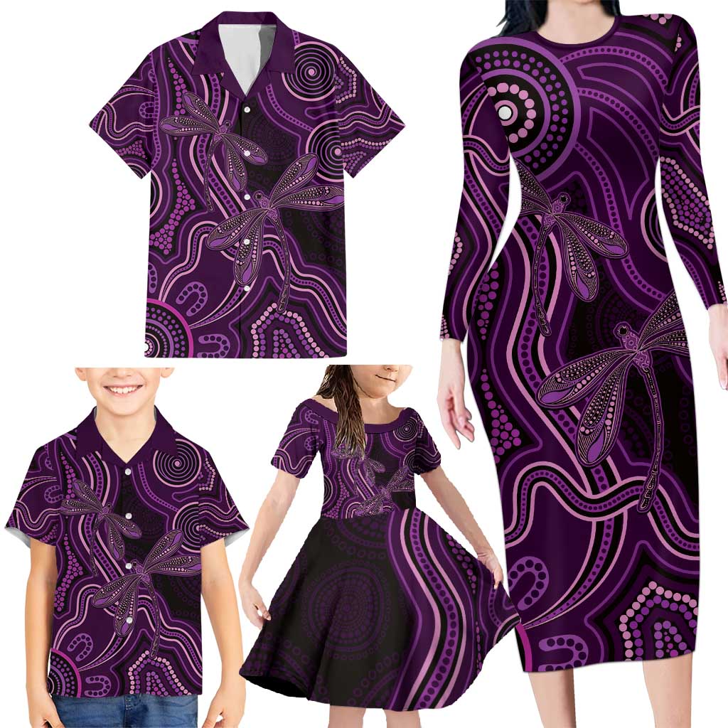 Purple Indigenous Dragonfly Australia Family Matching Long Sleeve Bodycon Dress and Hawaiian Shirt Aboriginal Art - Vibe Hoodie