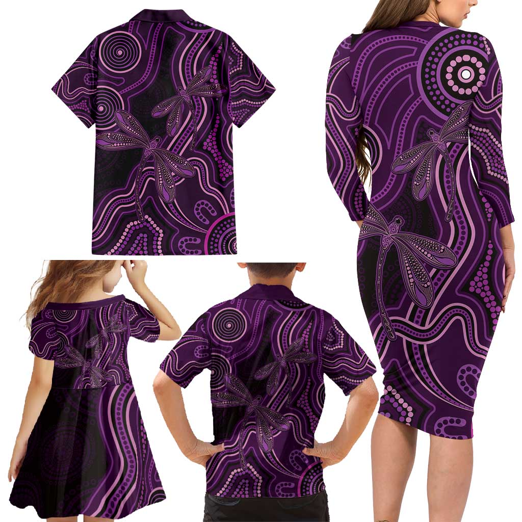 Purple Indigenous Dragonfly Australia Family Matching Long Sleeve Bodycon Dress and Hawaiian Shirt Aboriginal Art - Vibe Hoodie