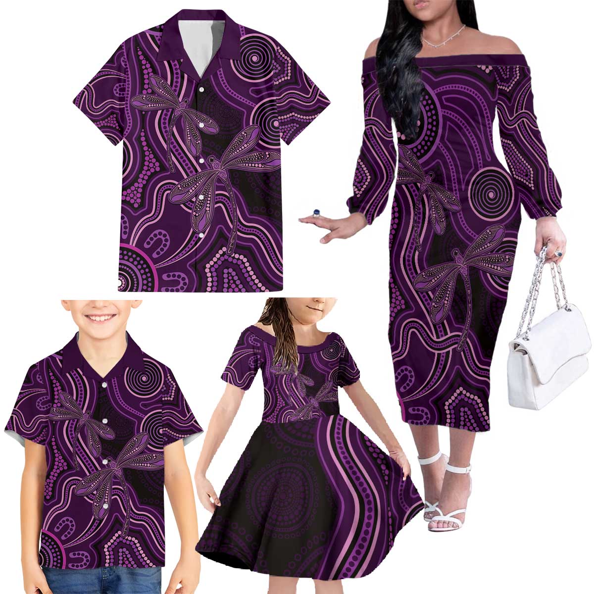 Purple Indigenous Dragonfly Australia Family Matching Off The Shoulder Long Sleeve Dress and Hawaiian Shirt Aboriginal Art - Vibe Hoodie