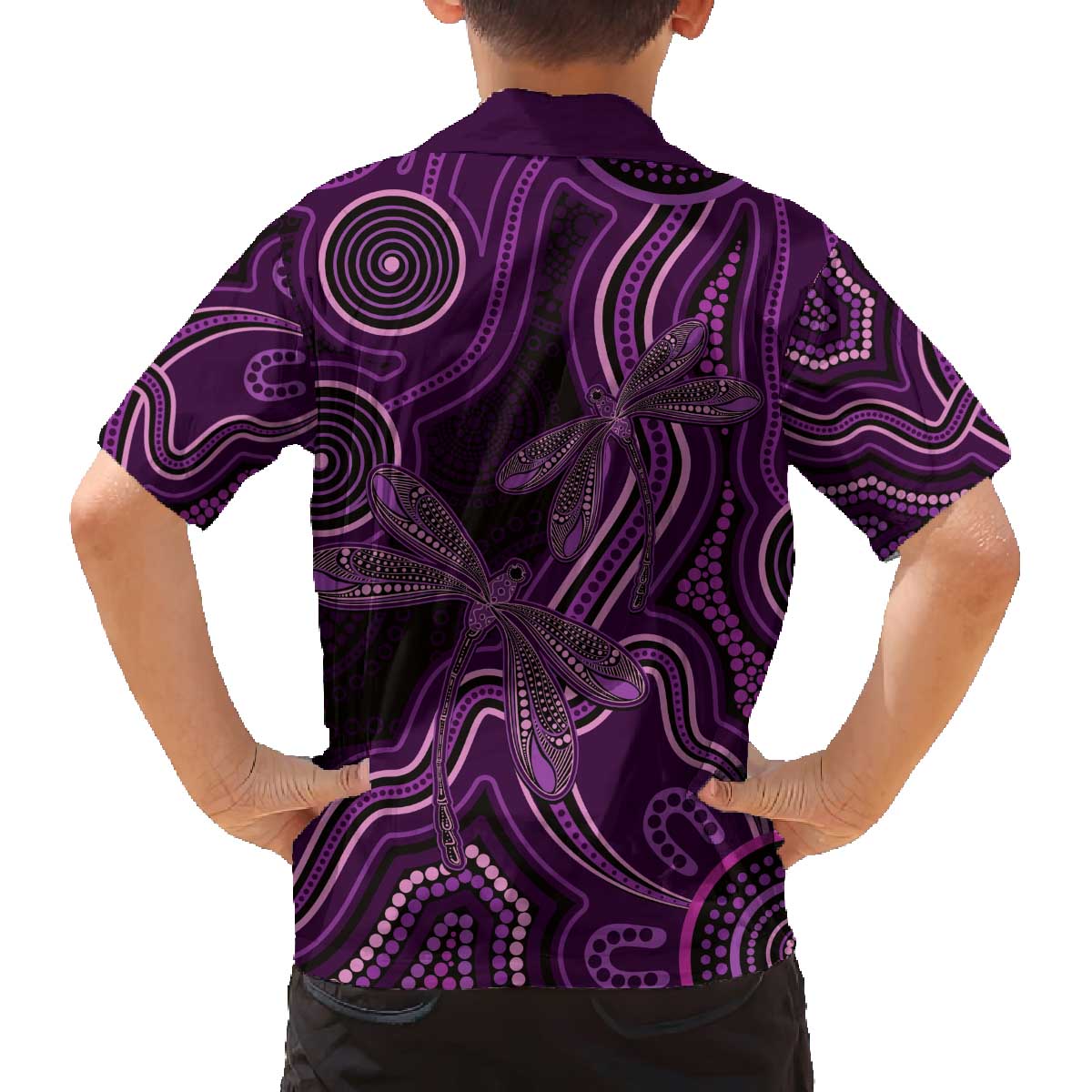 Purple Indigenous Dragonfly Australia Family Matching Off The Shoulder Long Sleeve Dress and Hawaiian Shirt Aboriginal Art - Vibe Hoodie