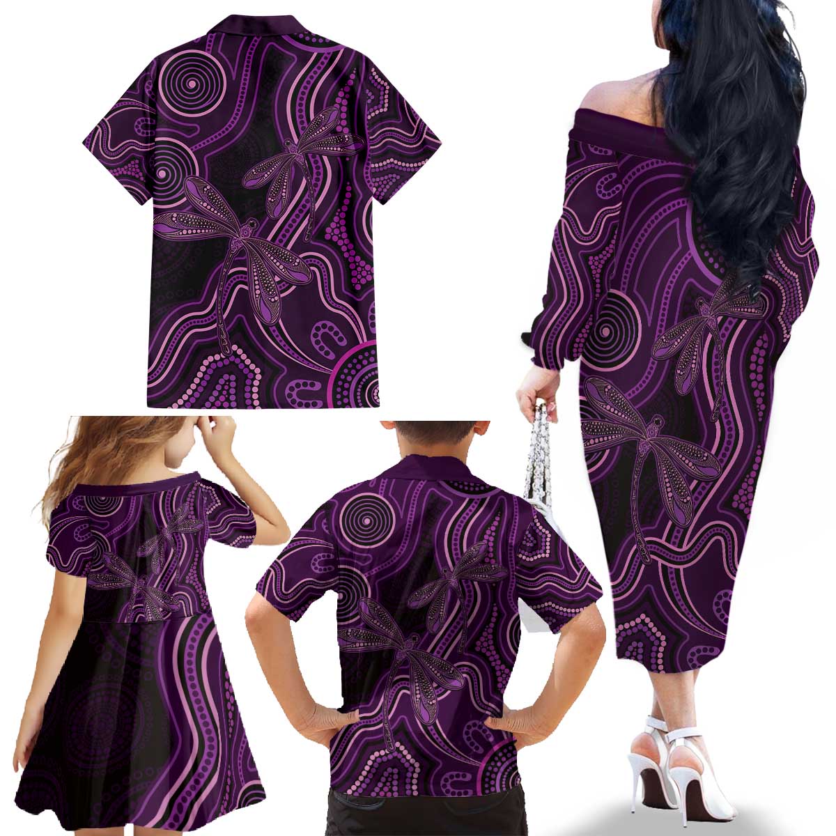 Purple Indigenous Dragonfly Australia Family Matching Off The Shoulder Long Sleeve Dress and Hawaiian Shirt Aboriginal Art - Vibe Hoodie
