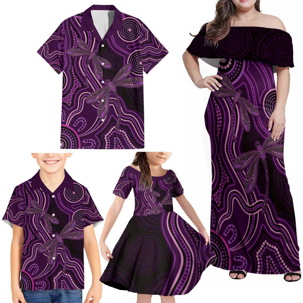Purple Indigenous Dragonfly Australia Family Matching Off Shoulder Maxi Dress and Hawaiian Shirt Aboriginal Art - Vibe Hoodie