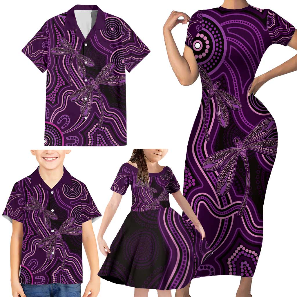 Purple Indigenous Dragonfly Australia Family Matching Short Sleeve Bodycon Dress and Hawaiian Shirt Aboriginal Art - Vibe Hoodie