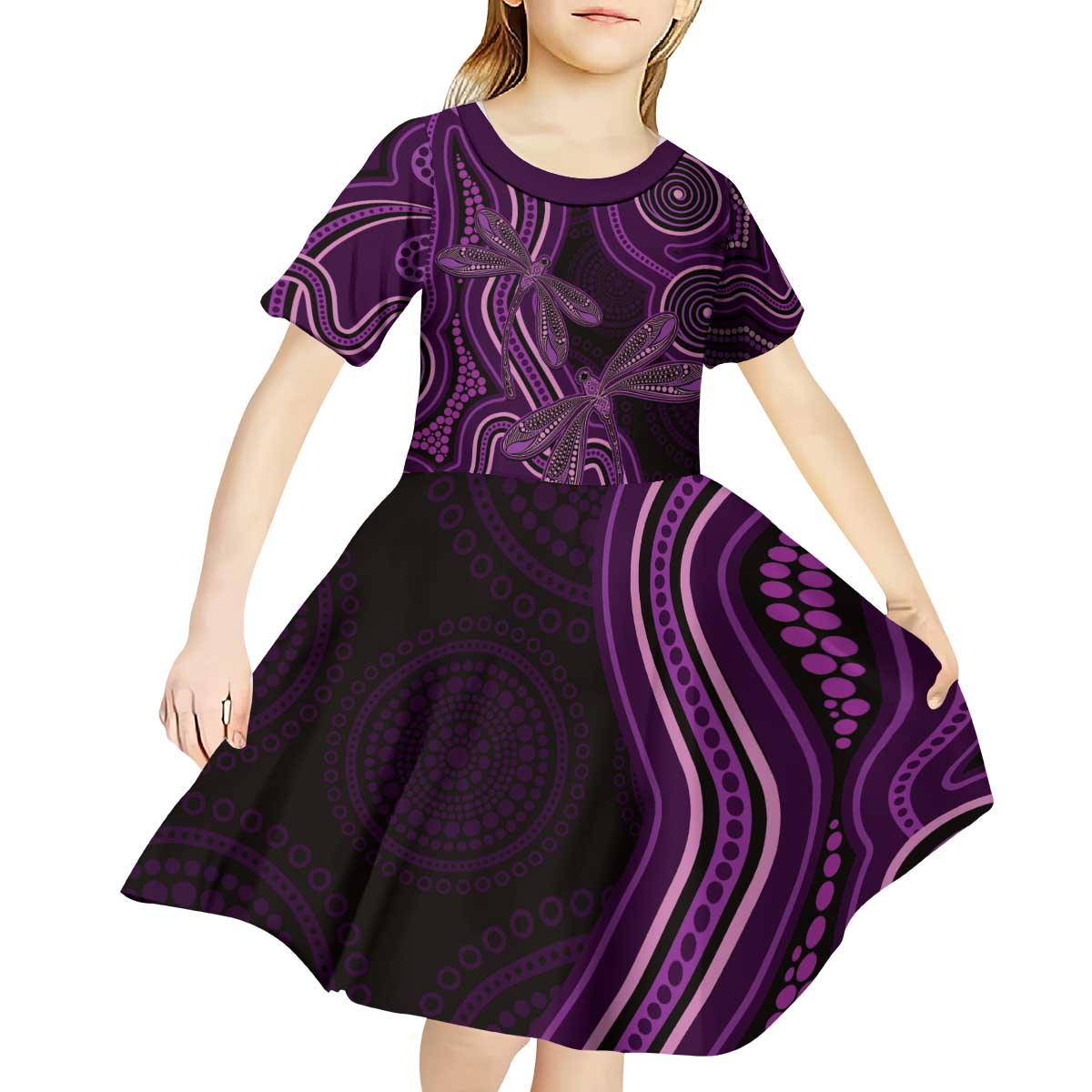 Purple Indigenous Dragonfly Australia Kid Short Sleeve Dress Aboriginal Art - Vibe Hoodie