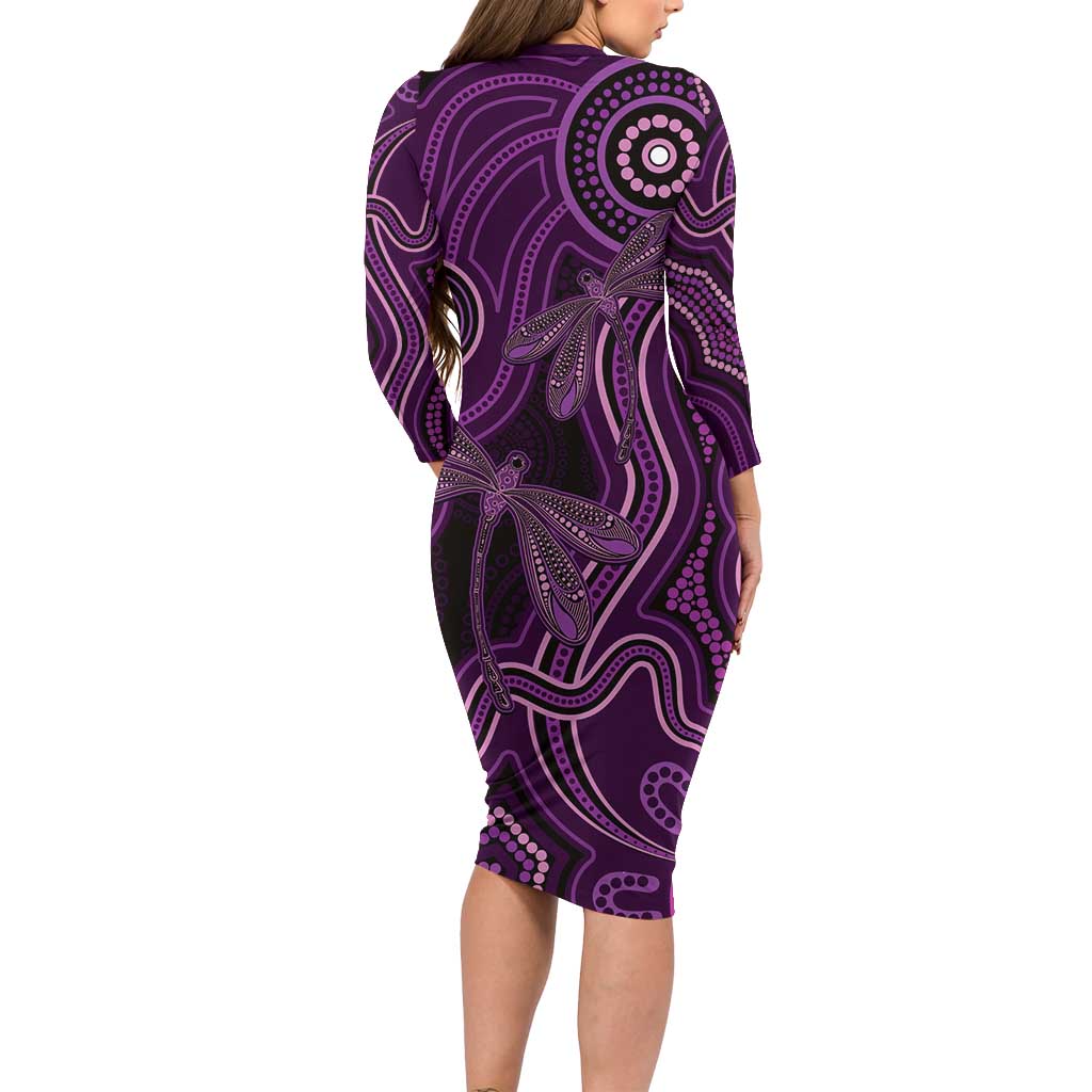 Purple Indigenous Dragonfly Australia Long Sleeve Bodycon Dress Aboriginal Art - Vibe Hoodie