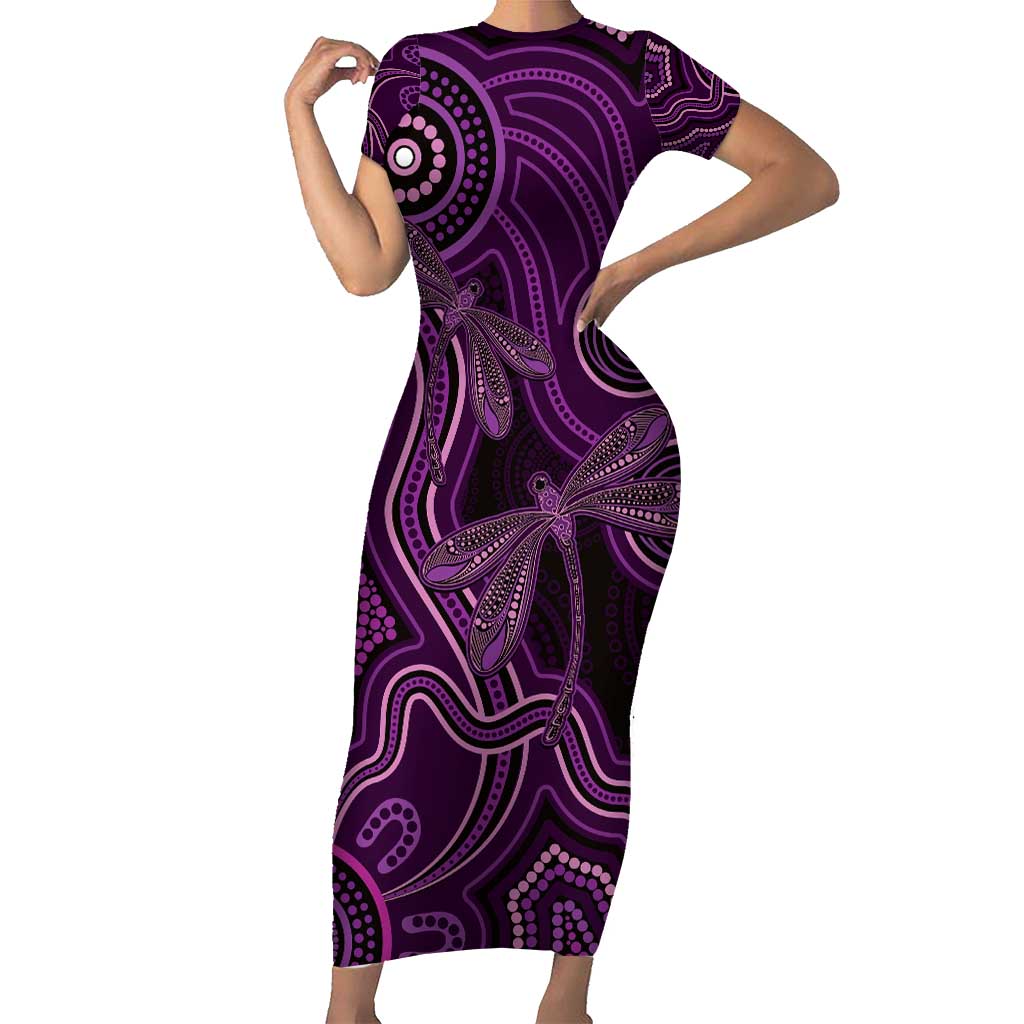 Purple Indigenous Dragonfly Australia Short Sleeve Bodycon Dress Aboriginal Art - Vibe Hoodie