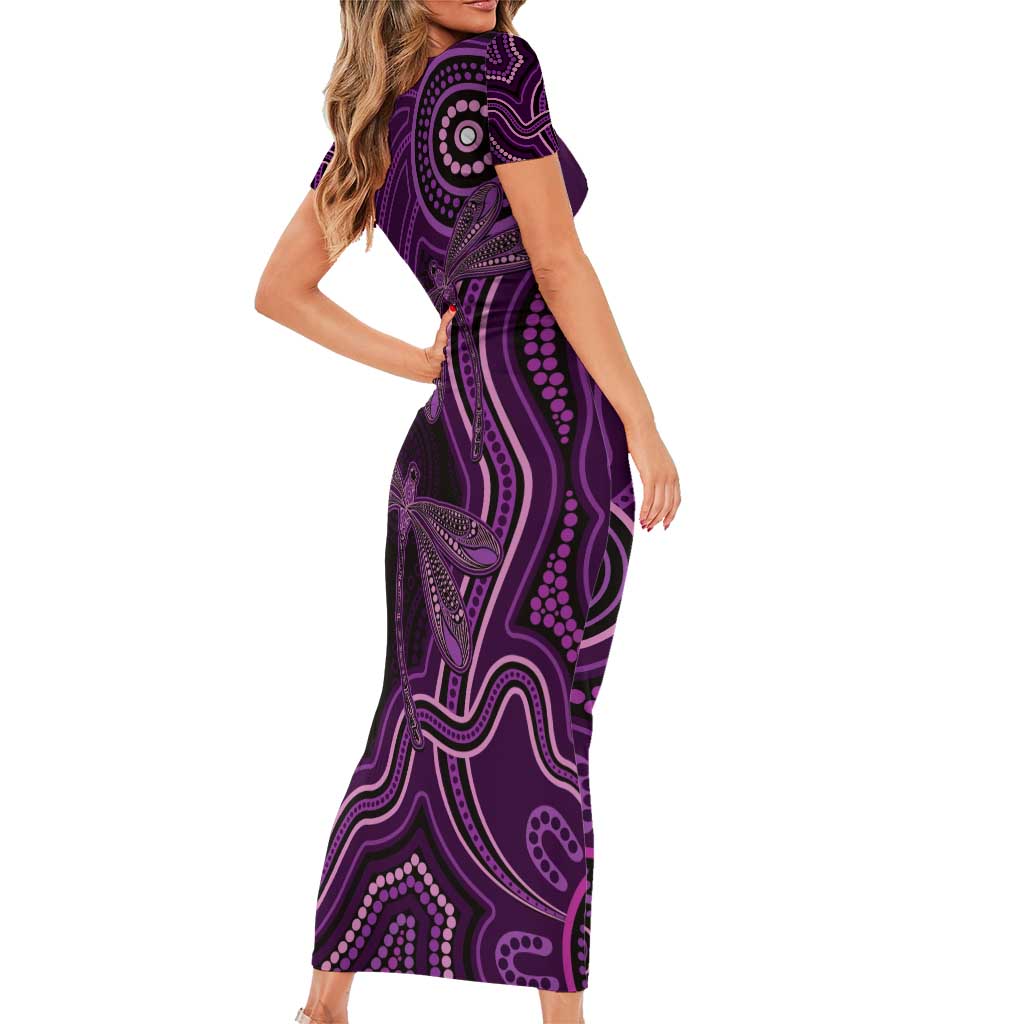 Purple Indigenous Dragonfly Australia Short Sleeve Bodycon Dress Aboriginal Art - Vibe Hoodie