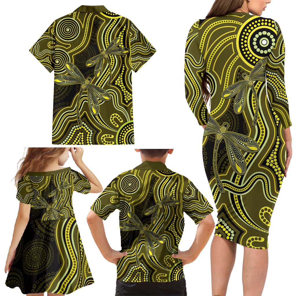 Yellow Indigenous Dragonfly Australia Family Matching Long Sleeve Bodycon Dress and Hawaiian Shirt Aboriginal Art - Vibe Hoodie