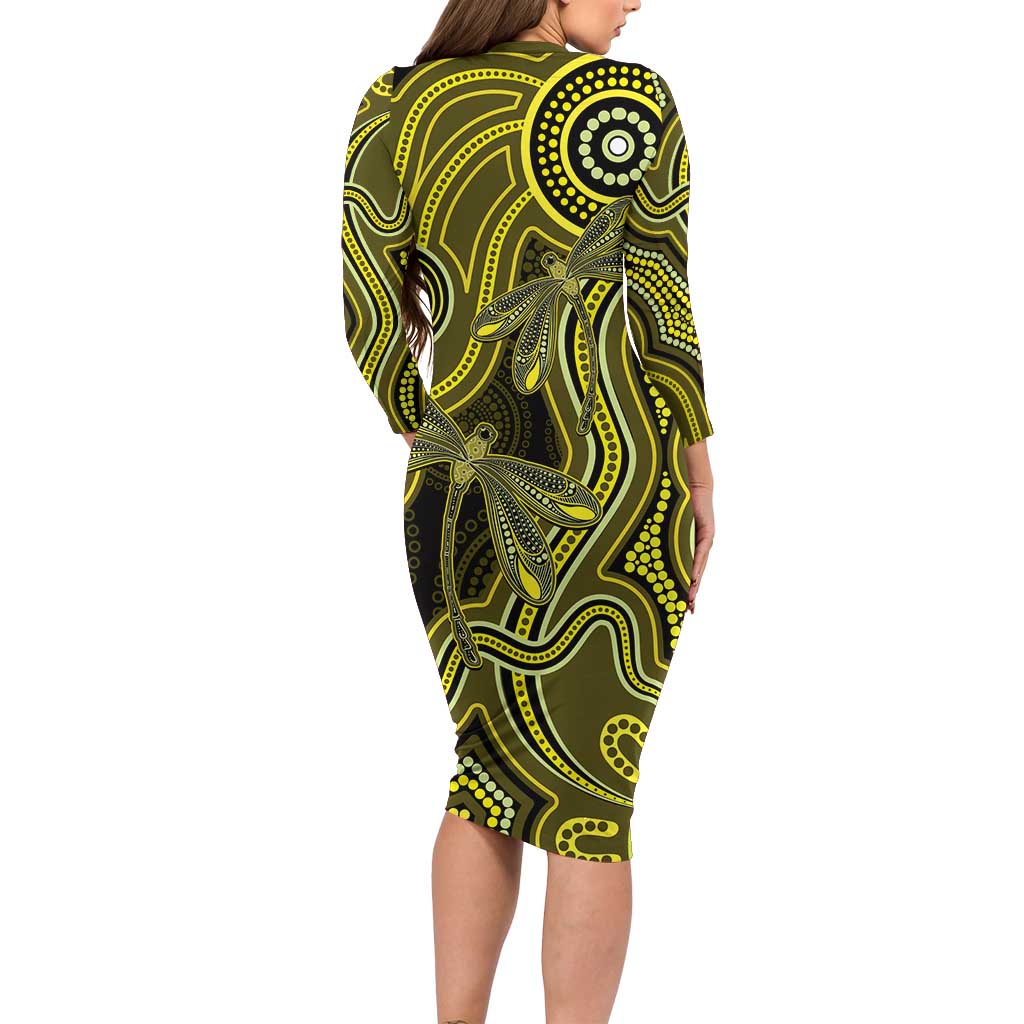 Yellow Indigenous Dragonfly Australia Family Matching Long Sleeve Bodycon Dress and Hawaiian Shirt Aboriginal Art - Vibe Hoodie