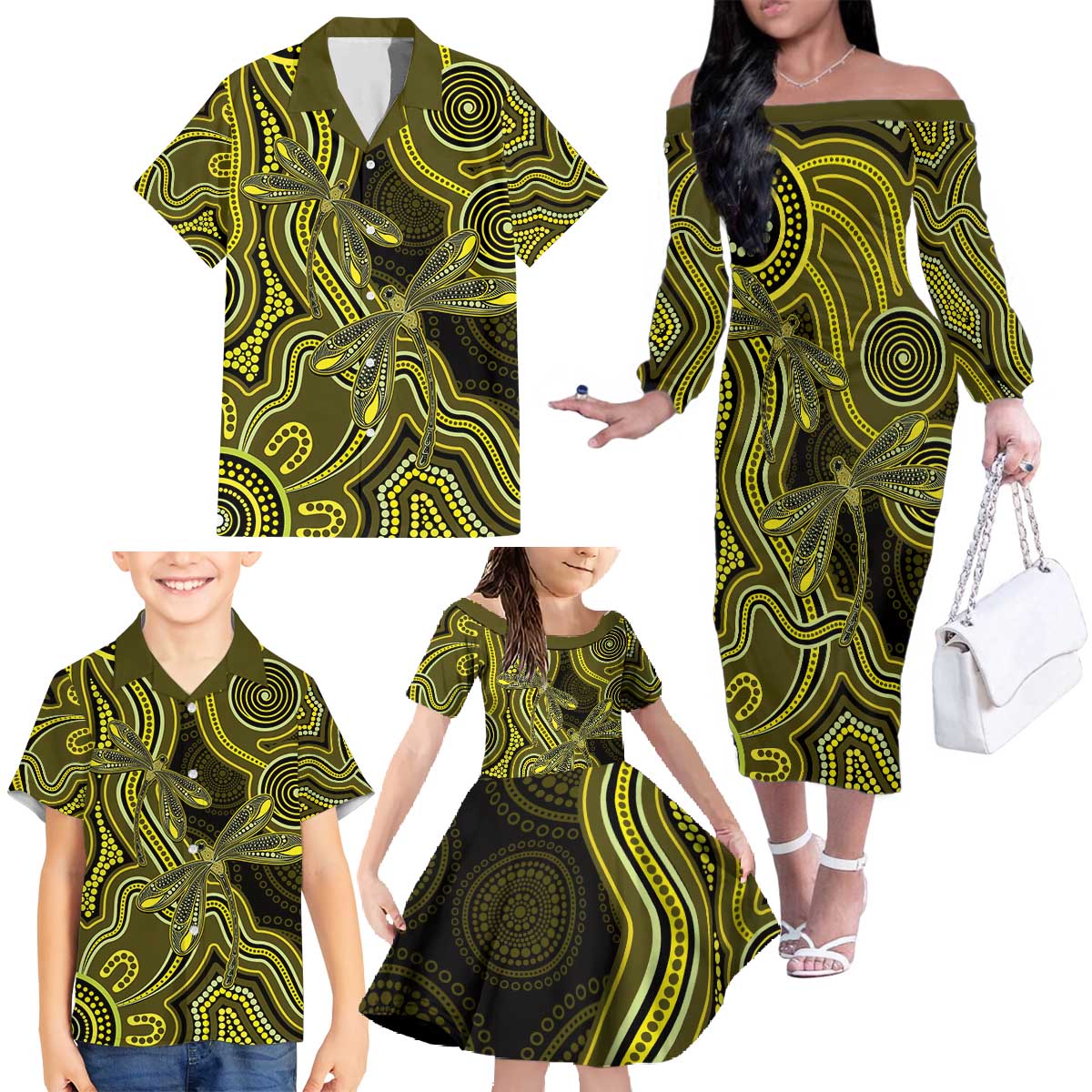 Yellow Indigenous Dragonfly Australia Family Matching Off The Shoulder Long Sleeve Dress and Hawaiian Shirt Aboriginal Art - Vibe Hoodie