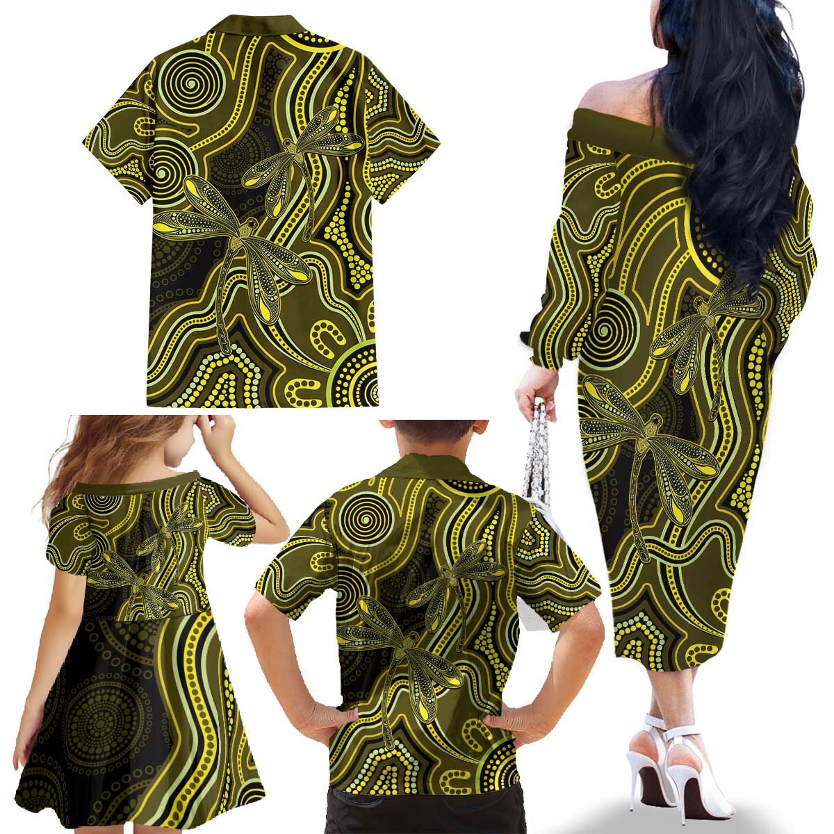 Yellow Indigenous Dragonfly Australia Family Matching Off The Shoulder Long Sleeve Dress and Hawaiian Shirt Aboriginal Art - Vibe Hoodie