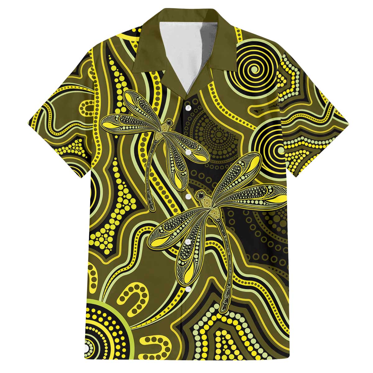 Yellow Indigenous Dragonfly Australia Family Matching Off The Shoulder Long Sleeve Dress and Hawaiian Shirt Aboriginal Art - Vibe Hoodie